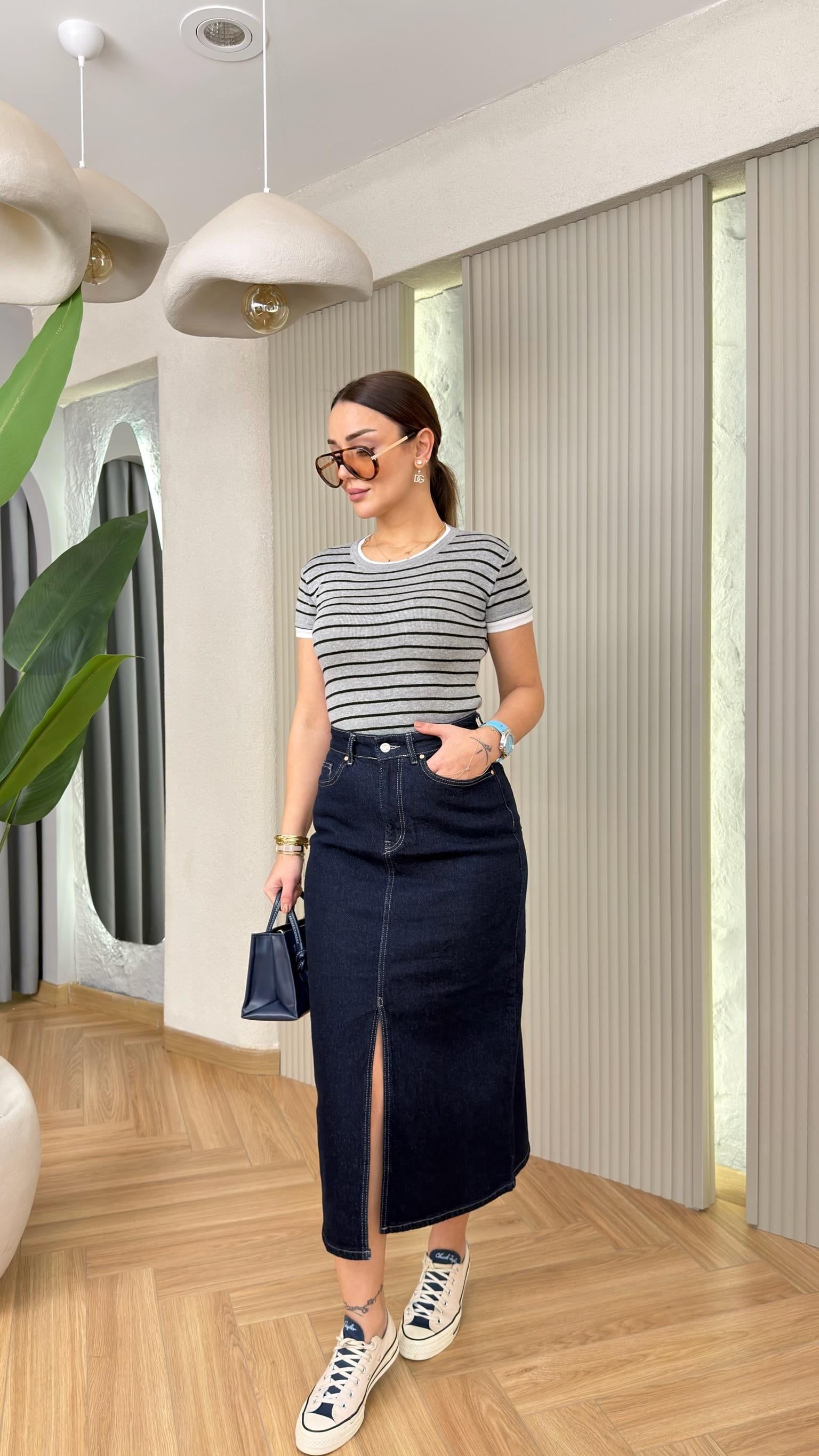 Lacivert Quince Önden Yırtmaçlı Kot Etek