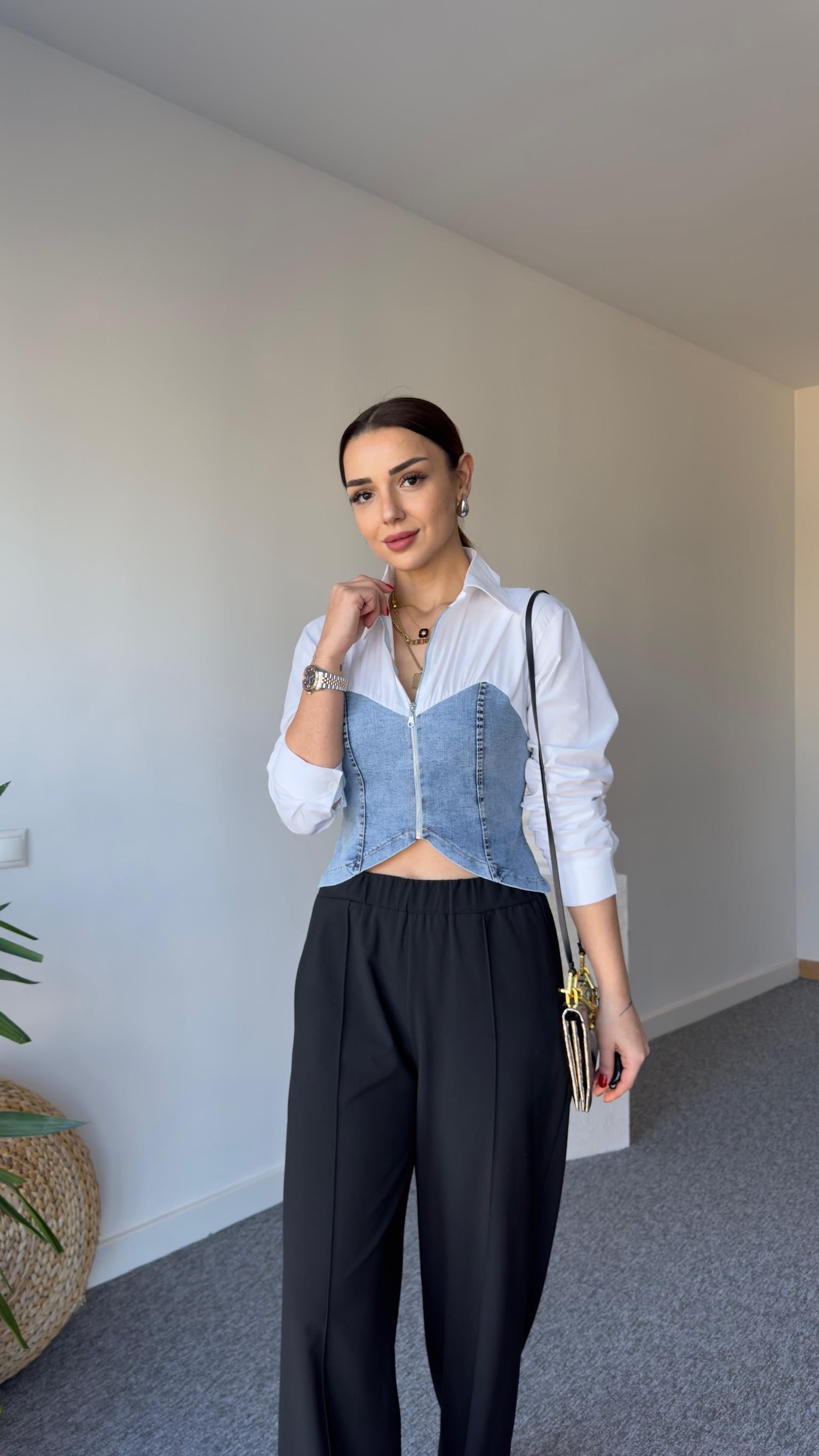 Granj Fermuarlı Kot Detay Beyaz Gömlek