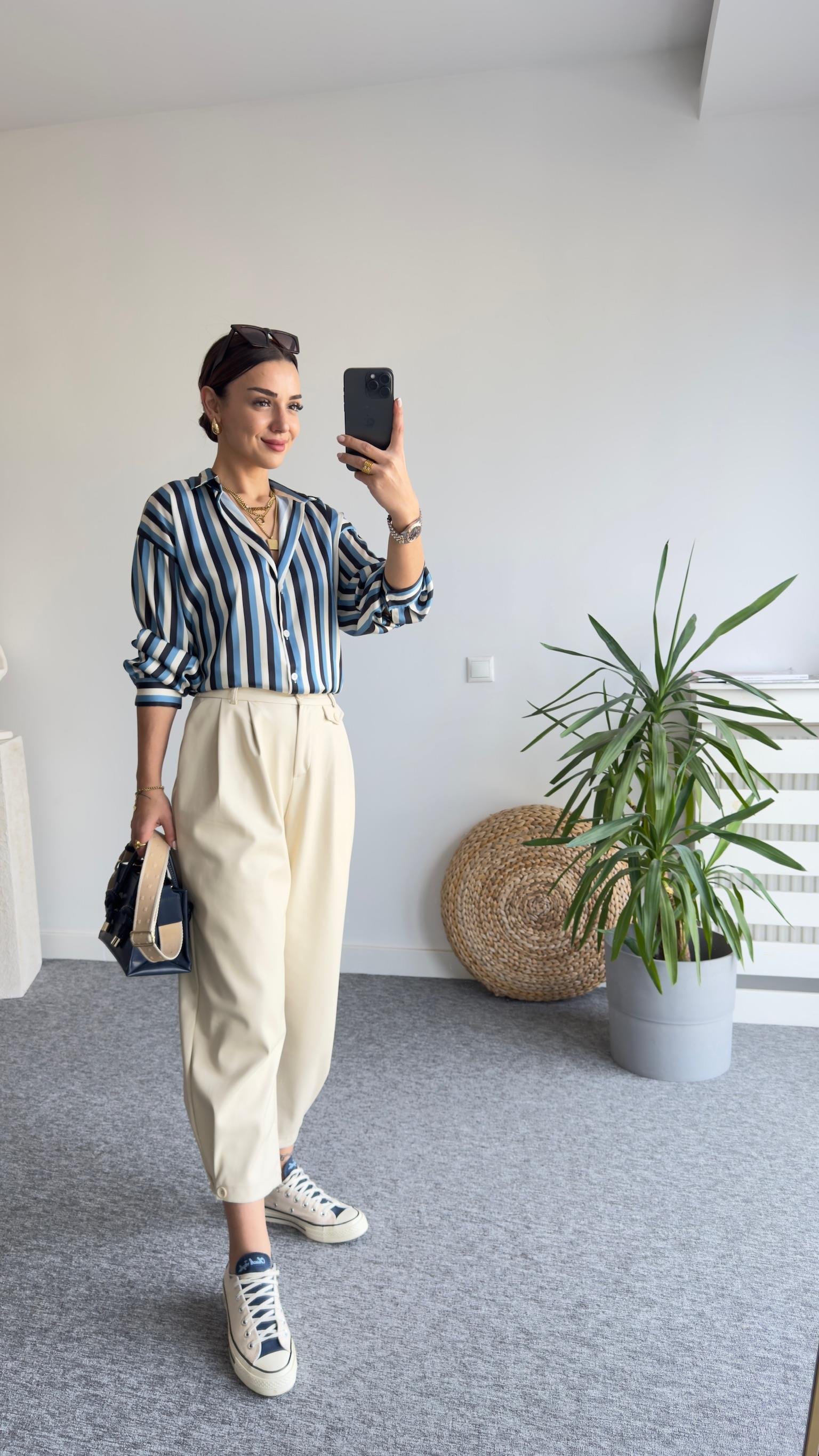 İvvi Zra Model Mavi Çizgili Saten Gömlek