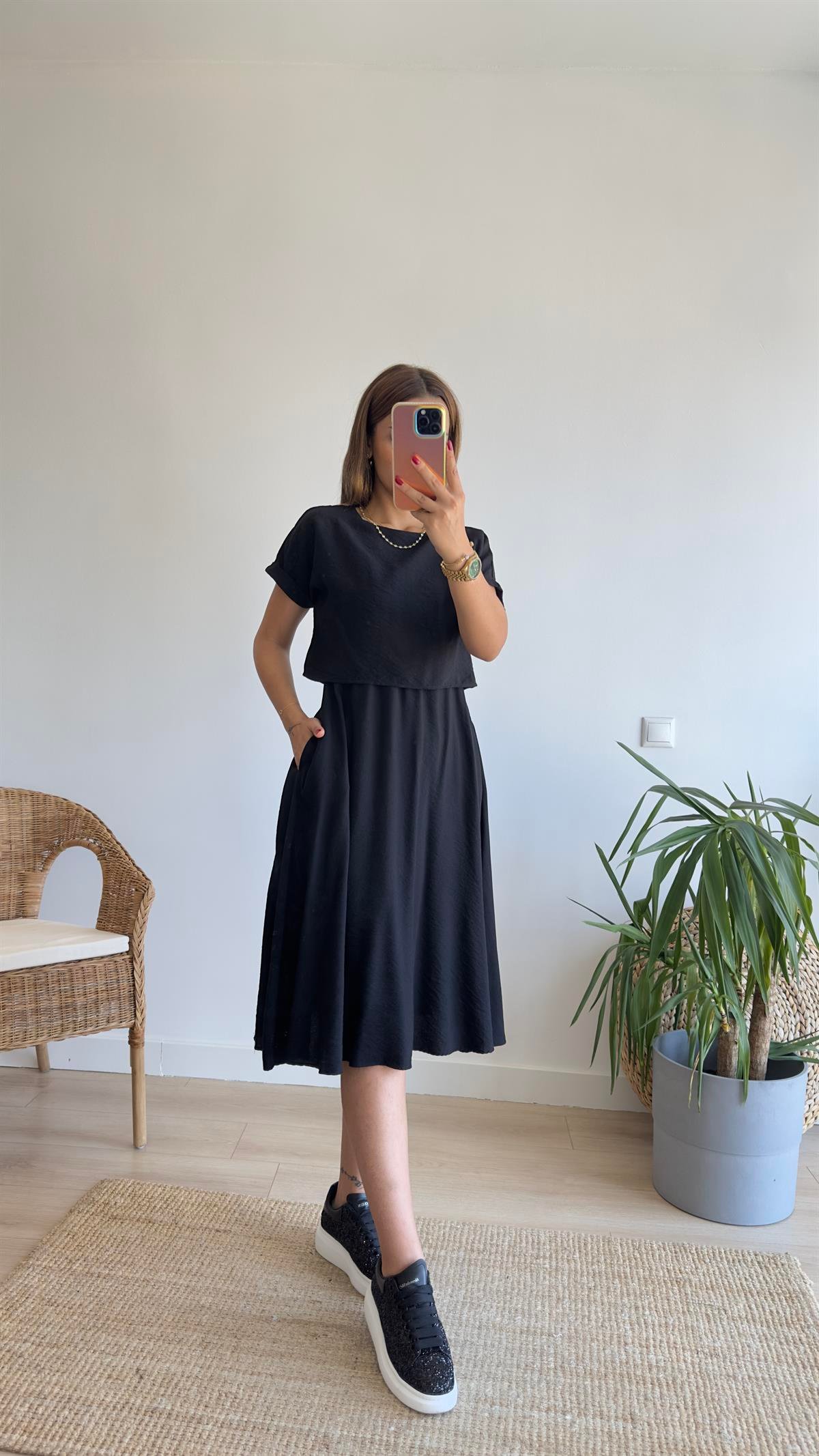 Siyah Bluz Detaylı İkili Elbise 