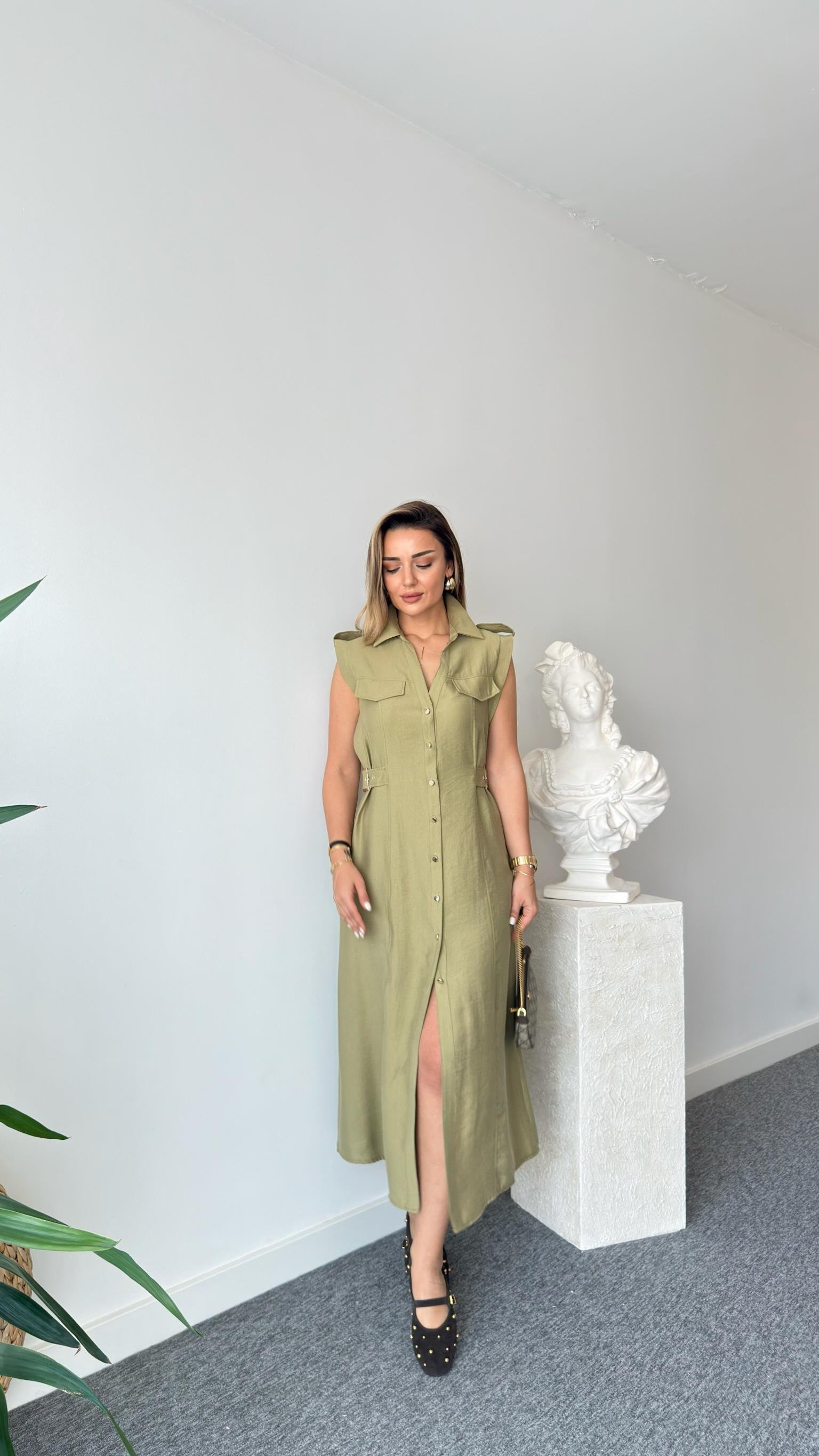 Yeşil Yan Kemerli Zra Model Tensel Elbise 
