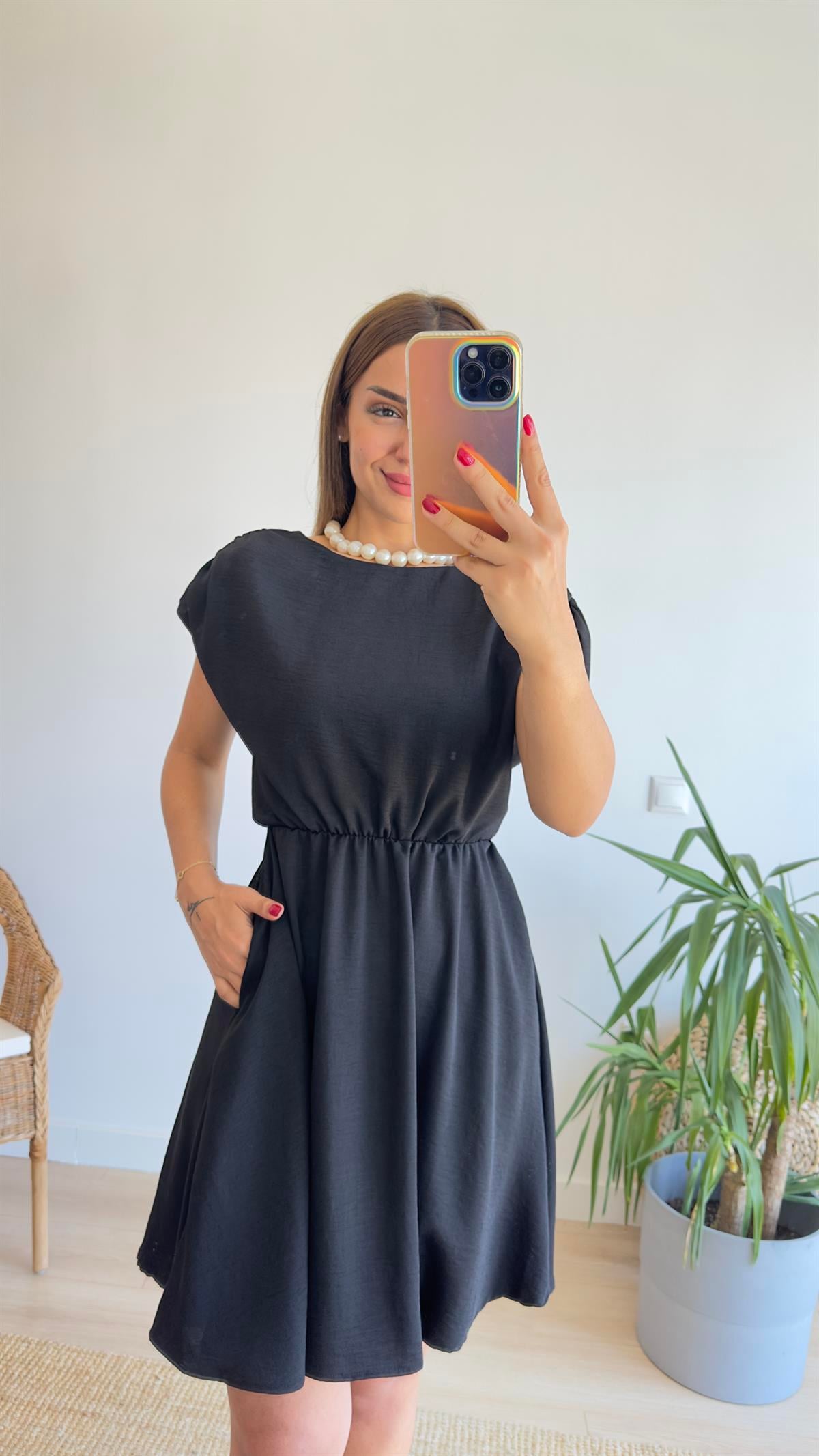 Coy Bel Büzgülü Siyah Basic Elbise 
