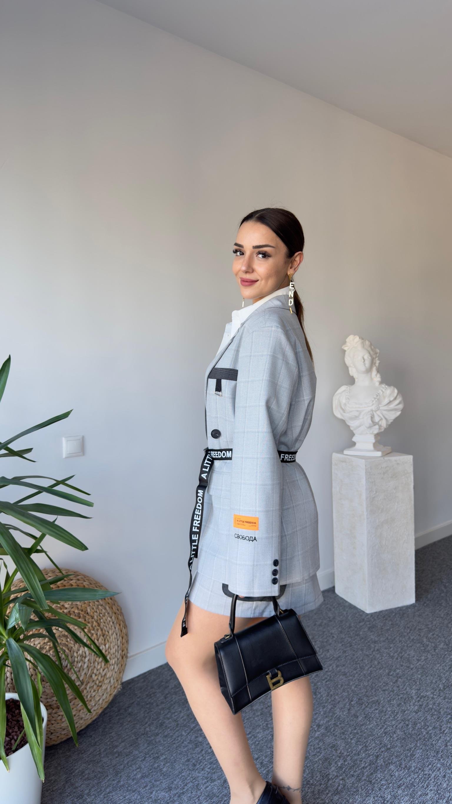 Premıum Kemerli Tasarım Ekose Blazer