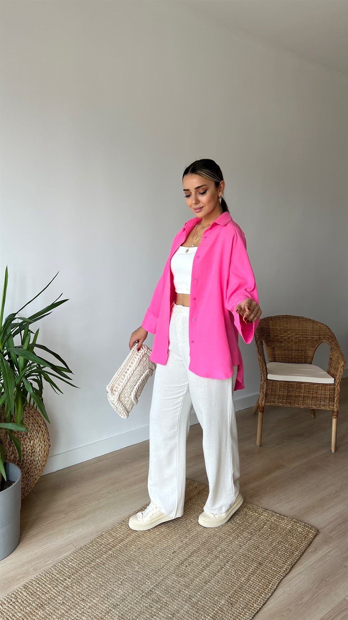 Oversize Pembe Pamuklu Gömlek