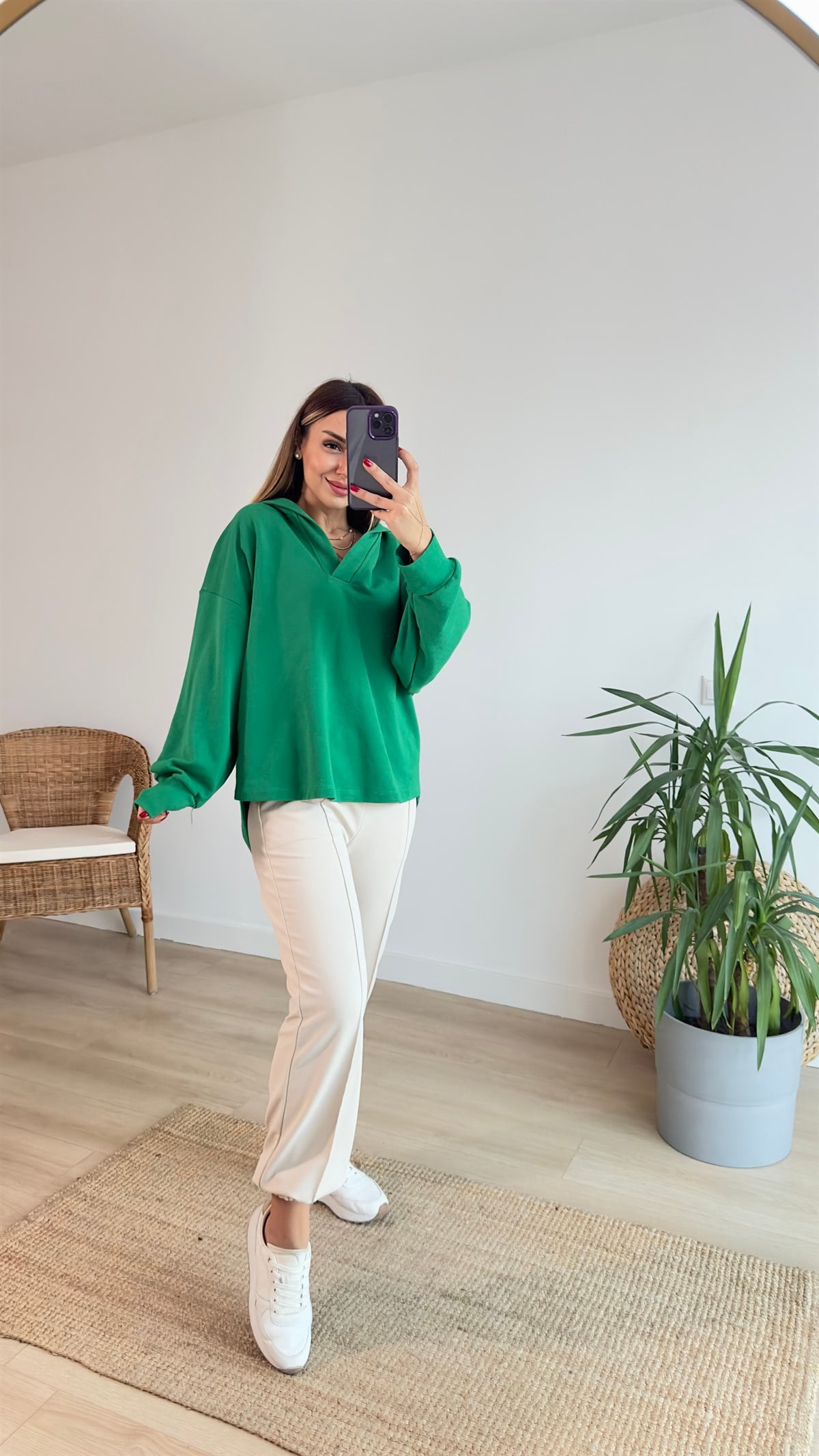 Kapüşonlu Yeşil Basic Sweat