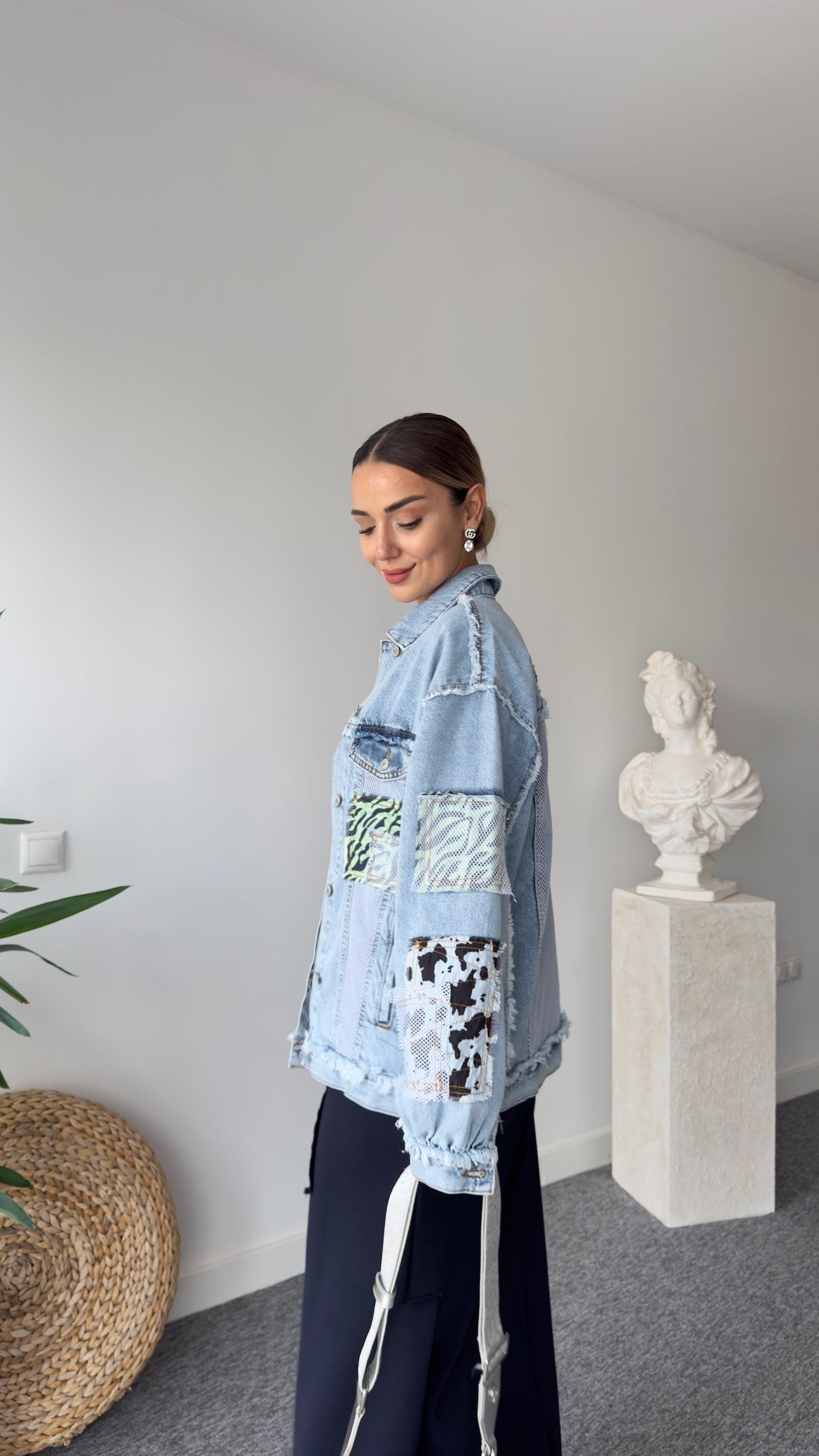 Fileli Patchwork Tasarım Jean Ceket