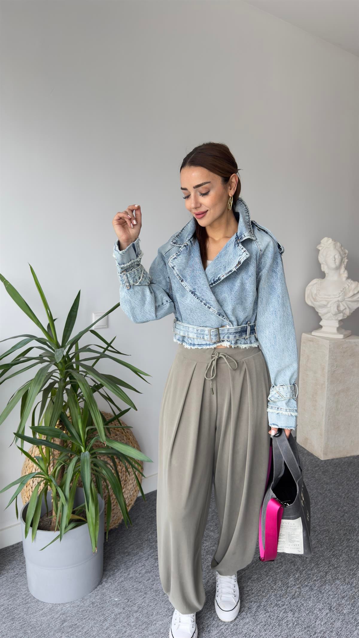 Cream Kemerli Jean Ceket