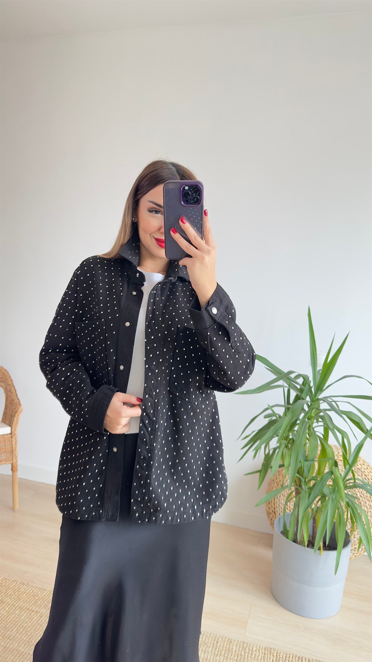 Zra Model Taşlı Siyah Gabardin Gömlek Ceket