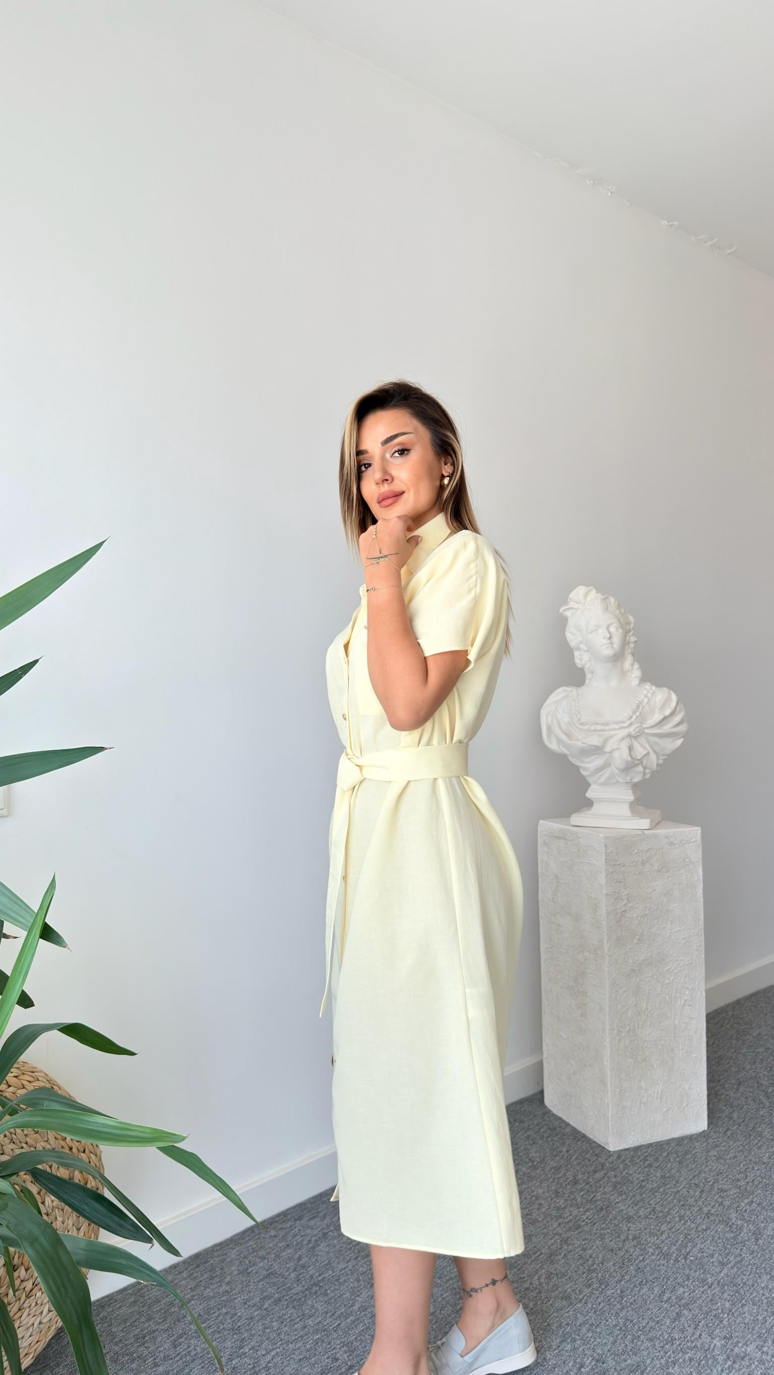 Sarı Rozari Keten Massi Elbise 