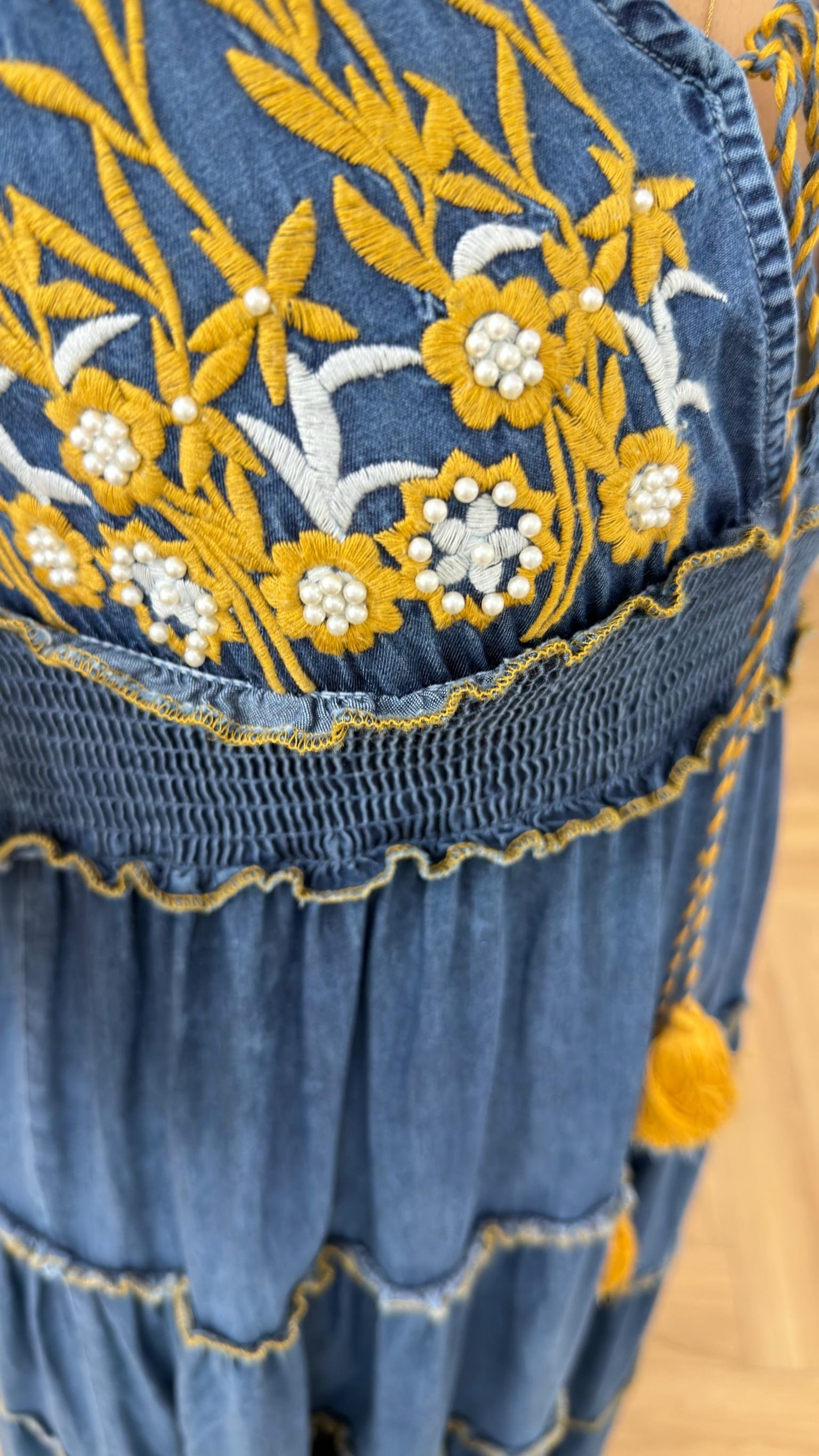 Caria İşleme Detaylı Askılı Kot Elbise 