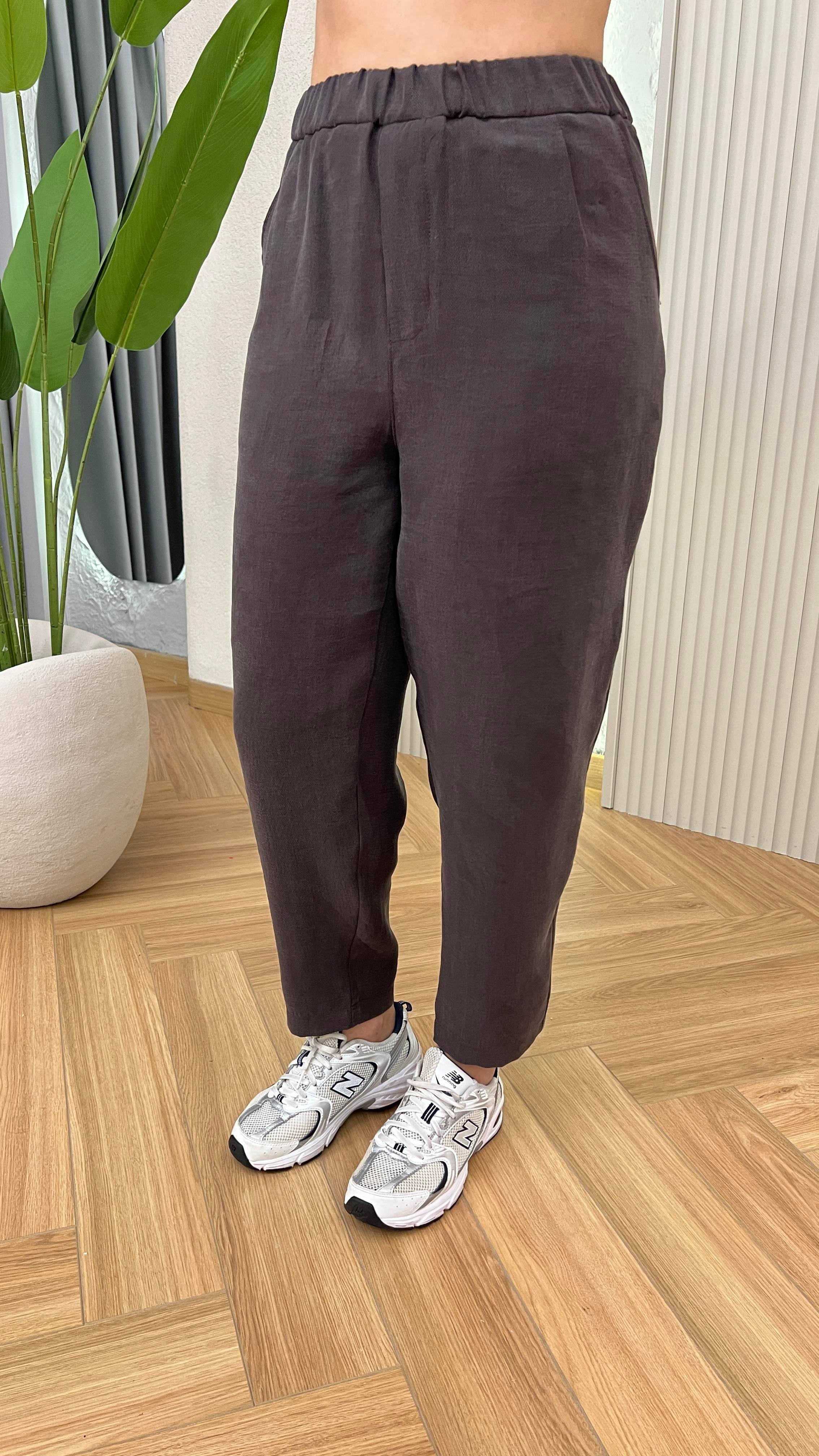 Kahve Lyocell Kumaş Bel Lastikli Pantolon