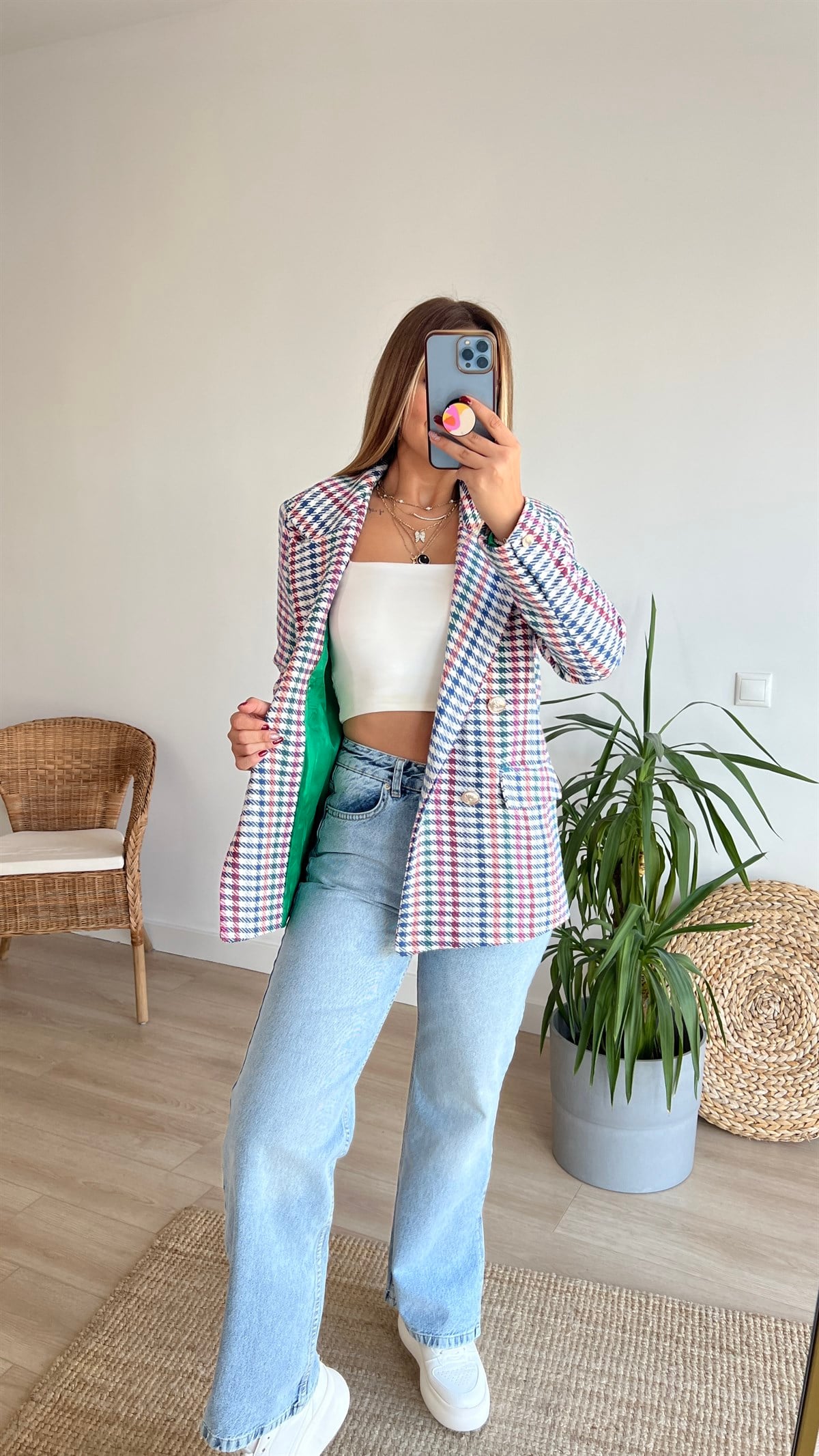 Çok Renkli Ekose Blazer Ceket