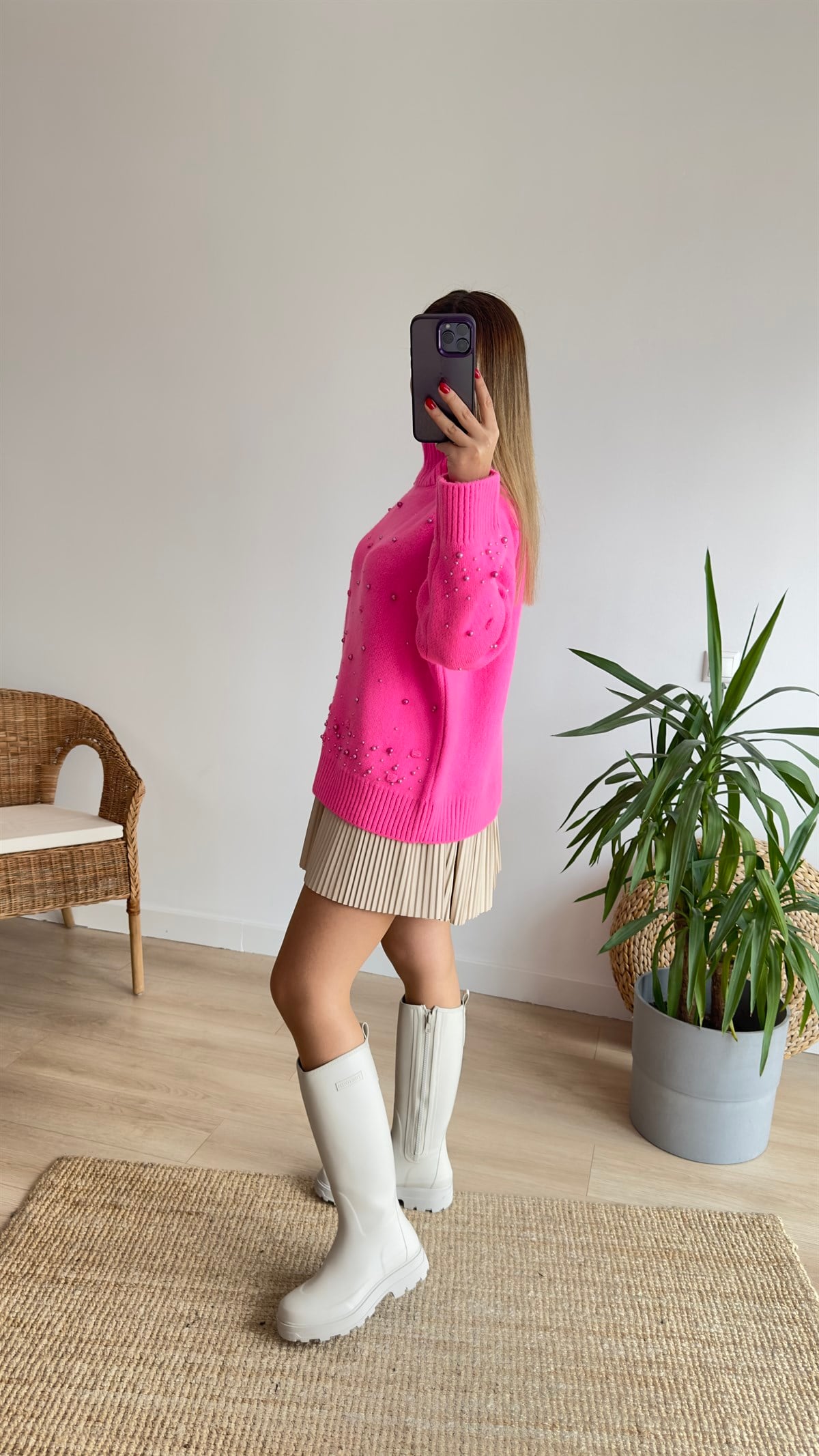 Ponponlu İncili Pembe Kazak