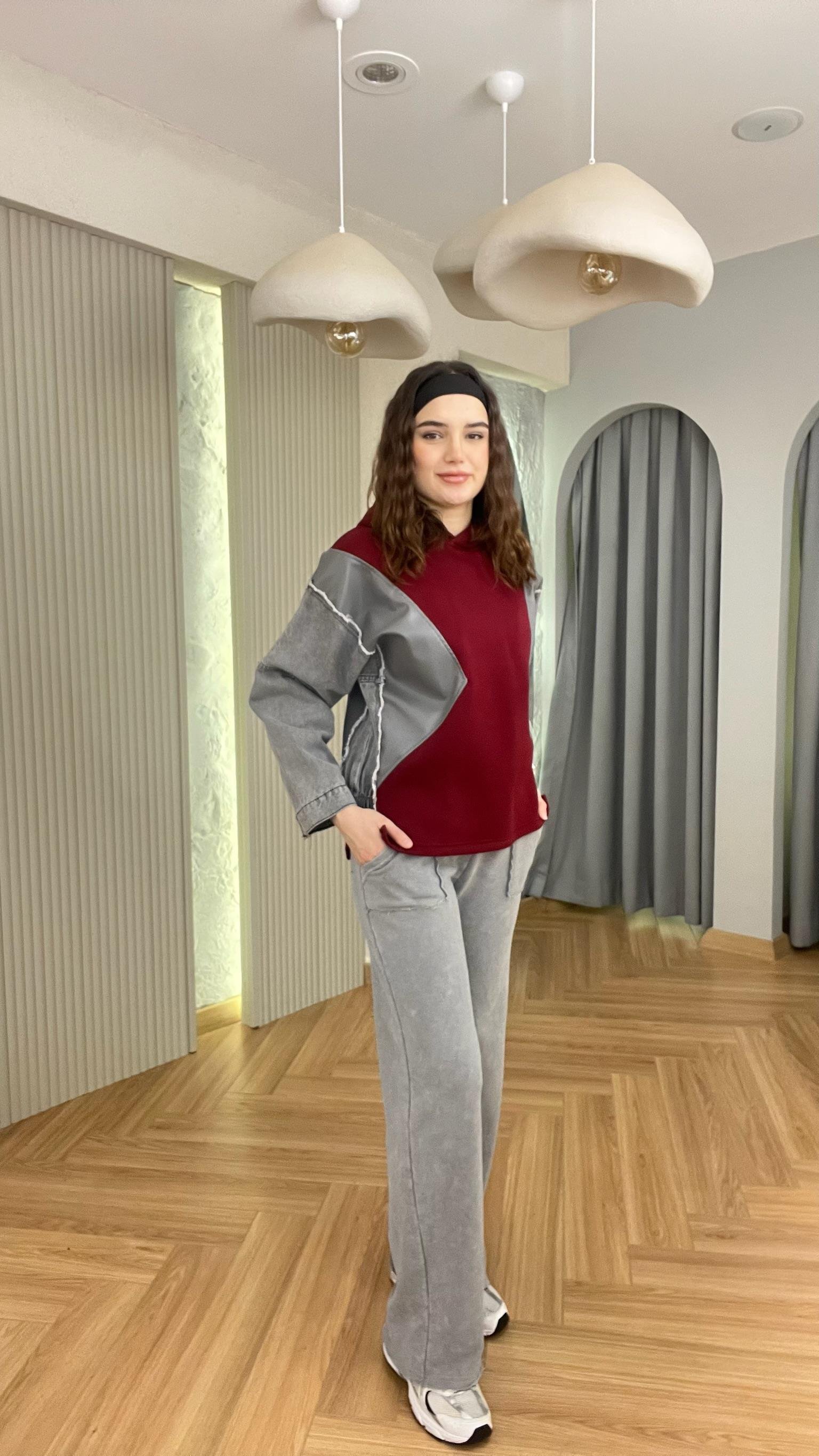Bordo Kot Ve Deri Garnili Kapüşonlu Sweatshirt
