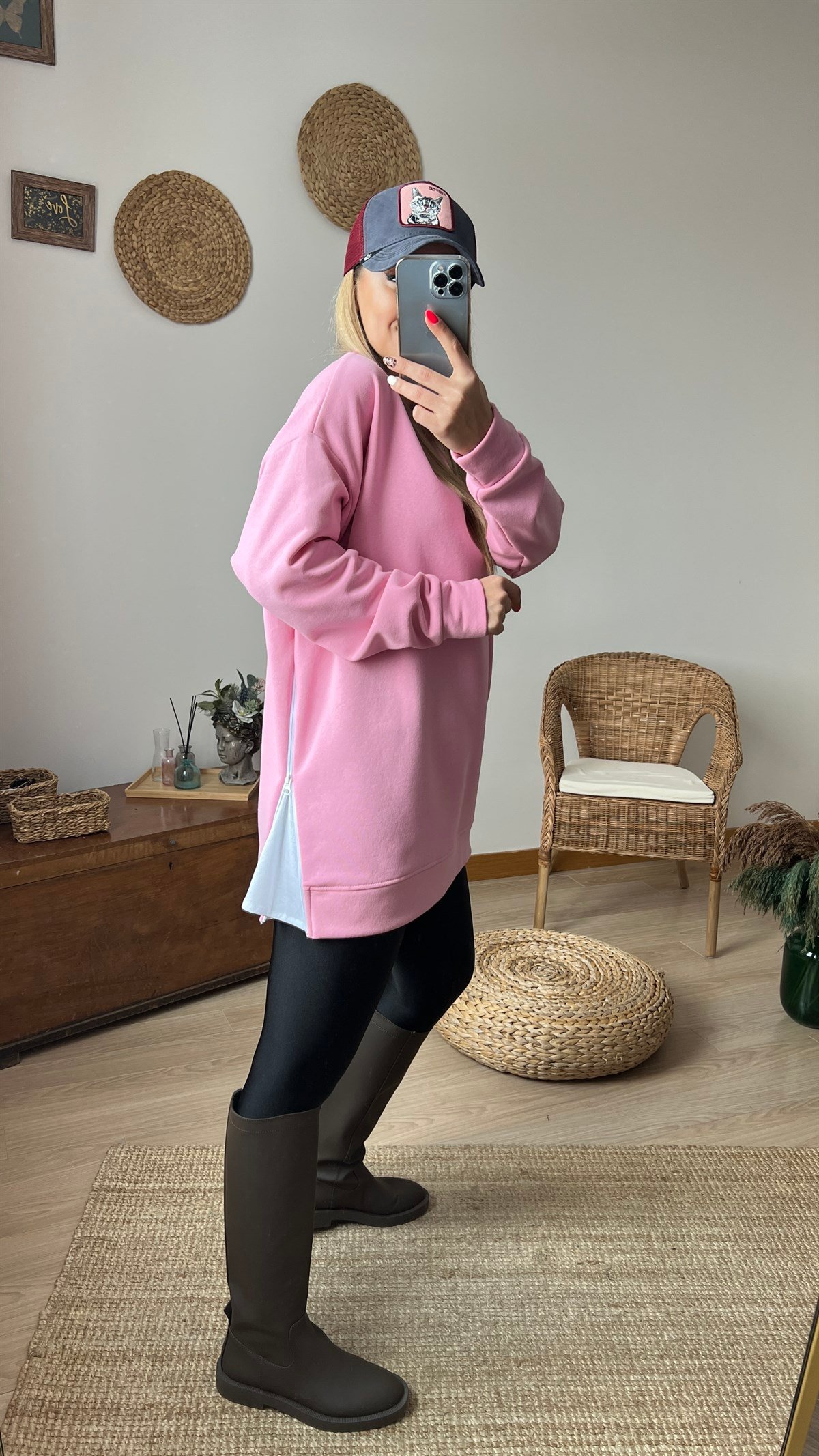 Yanı Fermuar Detaylı Salaş Pembe Sweat	
