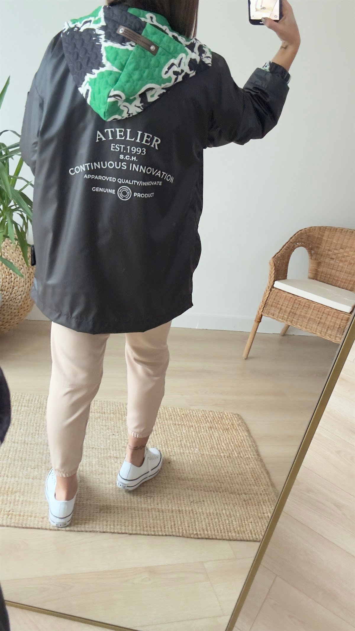Yeşil Desenli İkili Tasarım Kapüşonlu Ceket