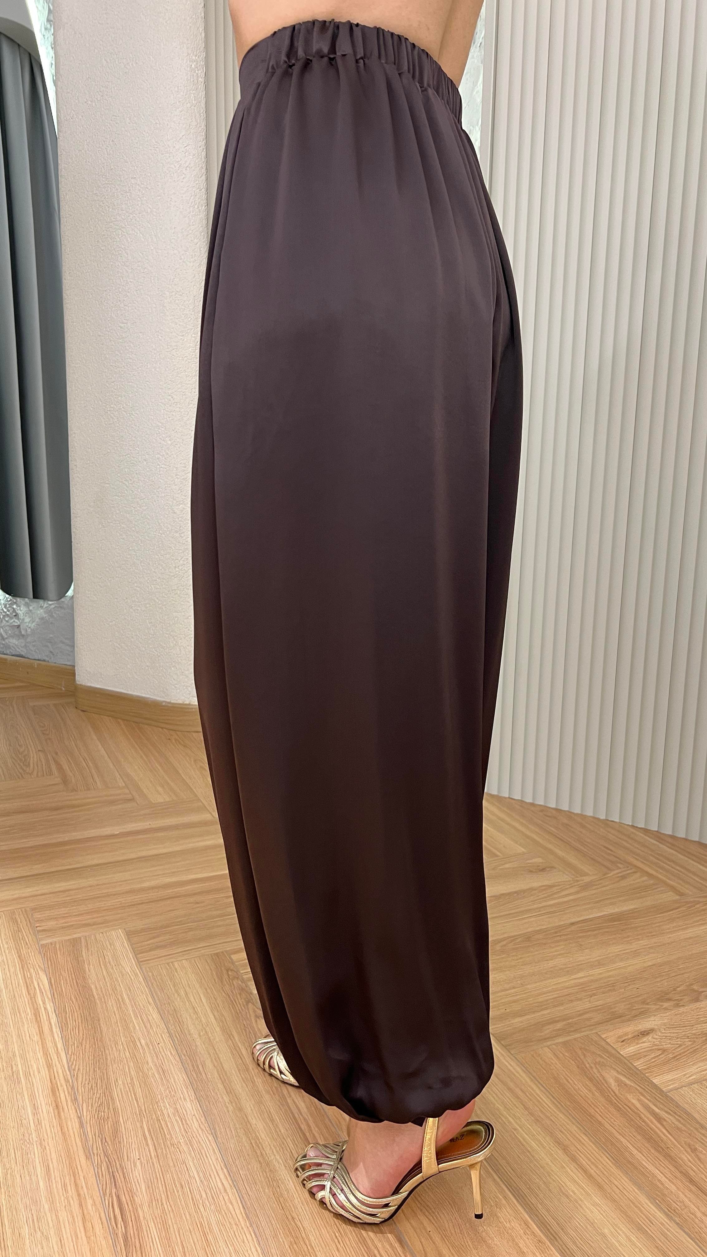 Velari Kahve Lastikli Rahat Saten Pantolon