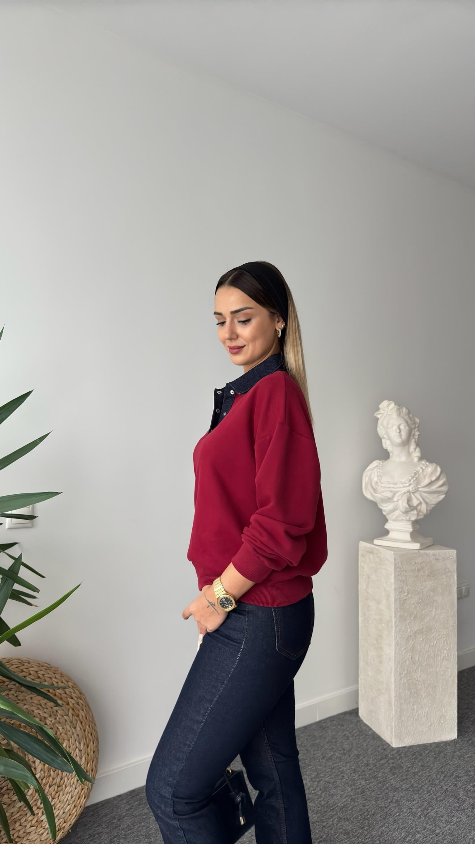 Denim Yaka Bordo Sweatshirt