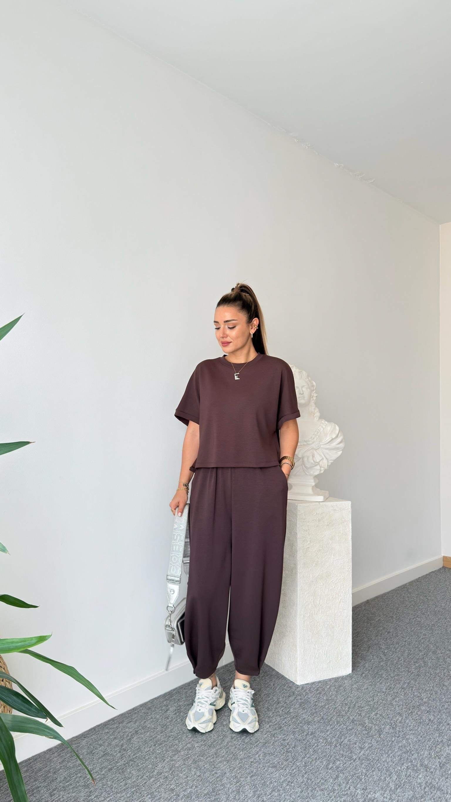 Premium Modal Kahve Şalvar Pantolon Takım