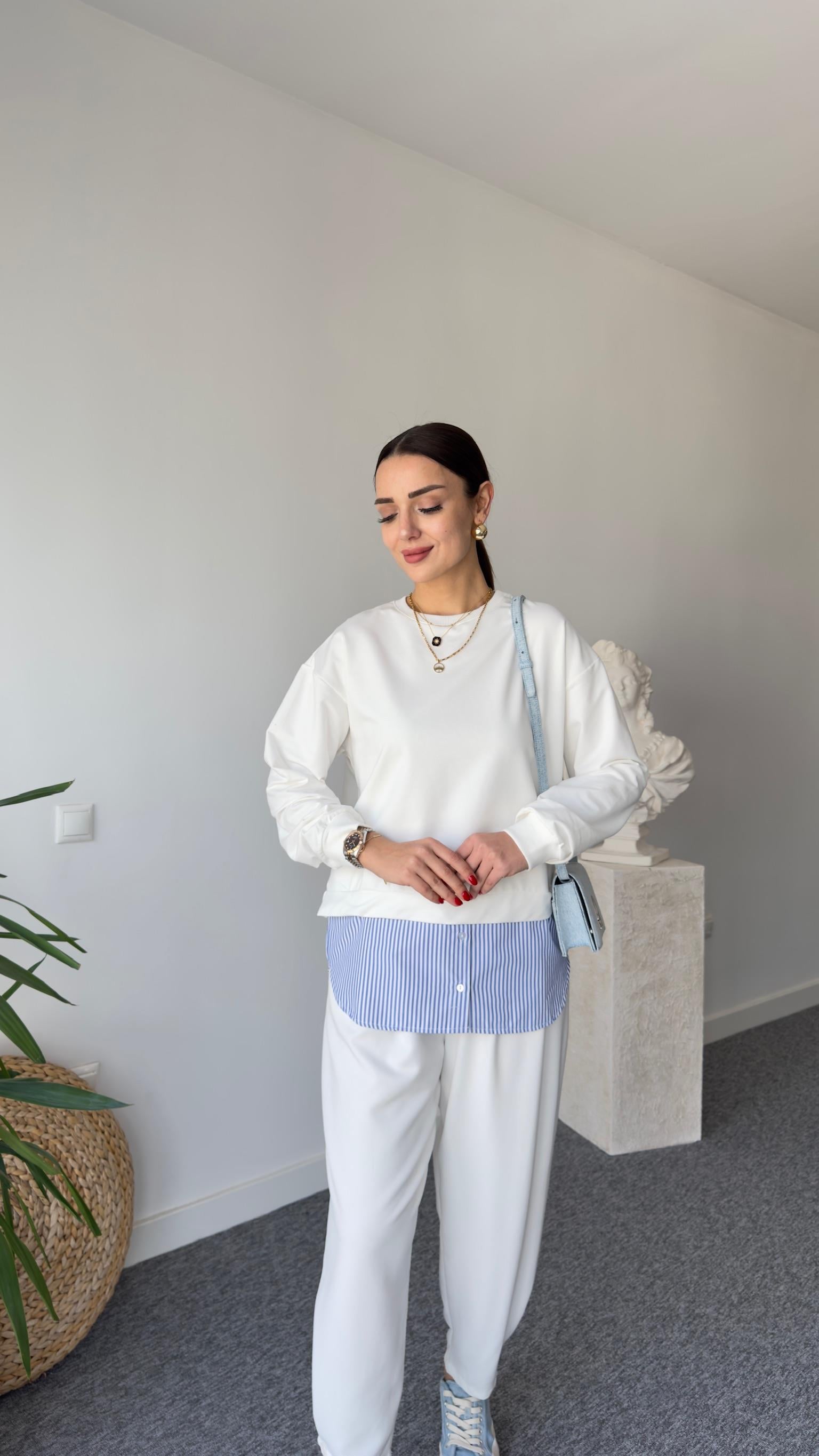 Çizgili Poplin Garnili Beyaz Sweat