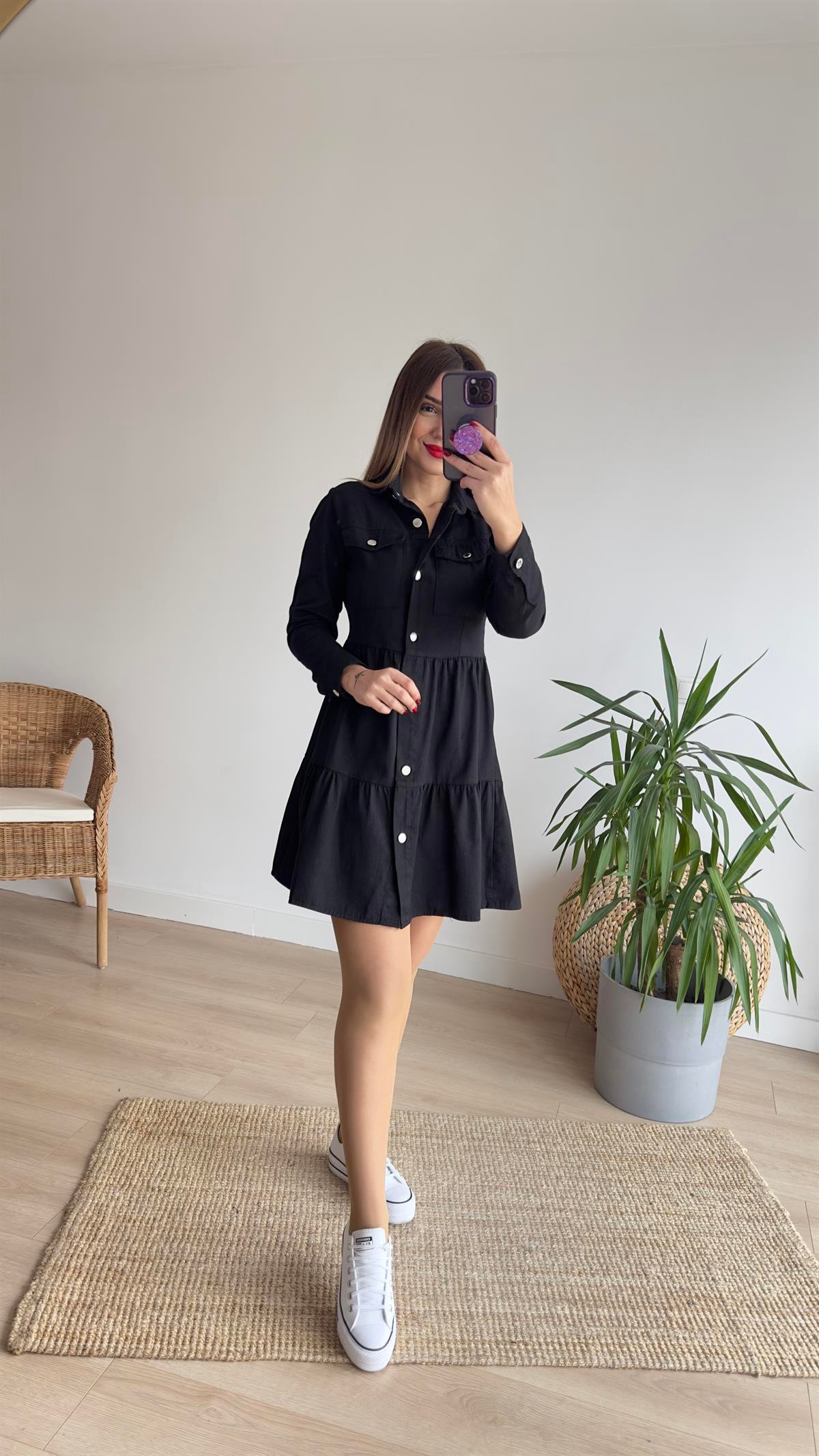 Volanlı Siyah Denim Elbise 