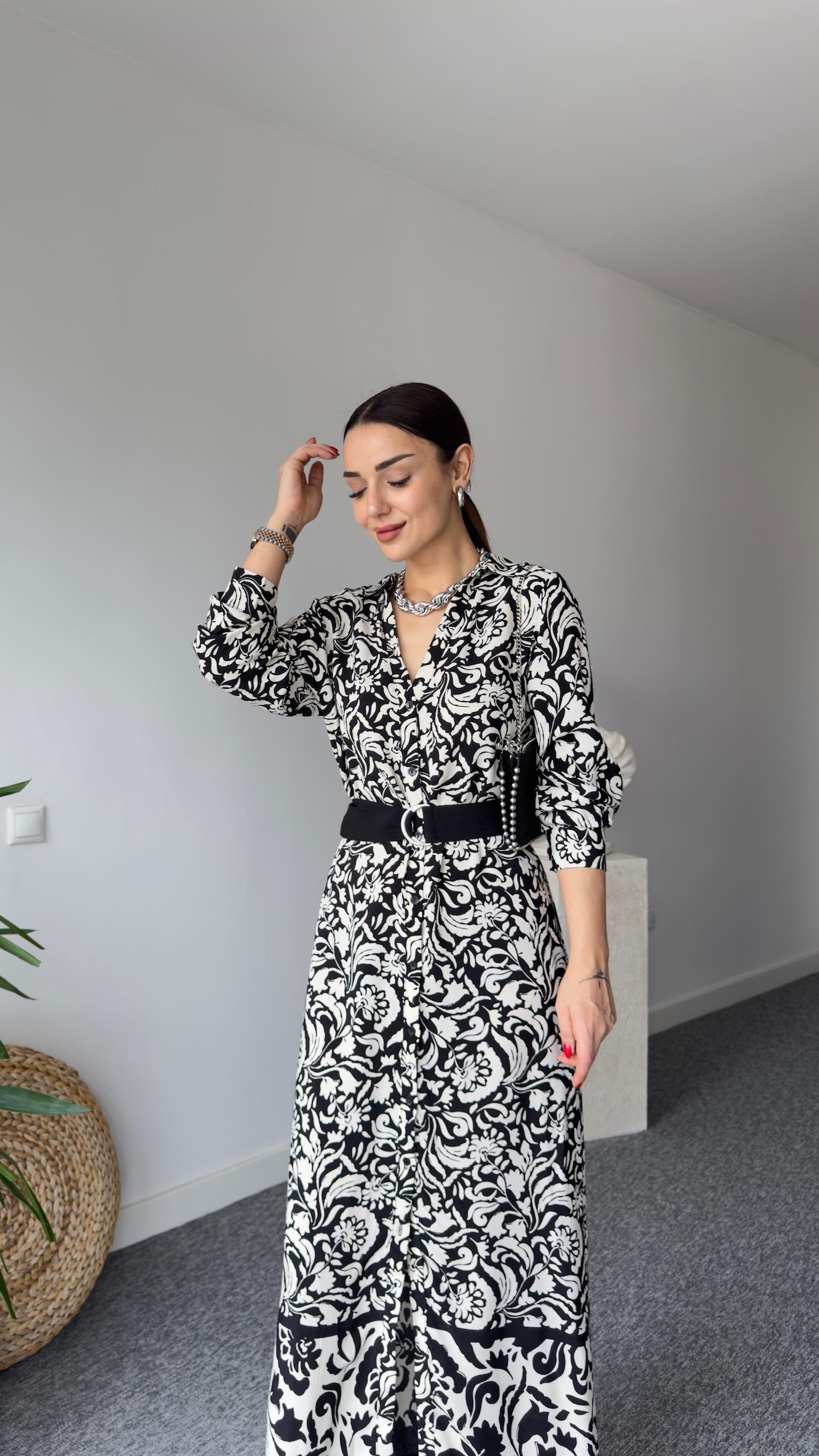 Kemerli Etnik Desen Maxi Crep Elbise