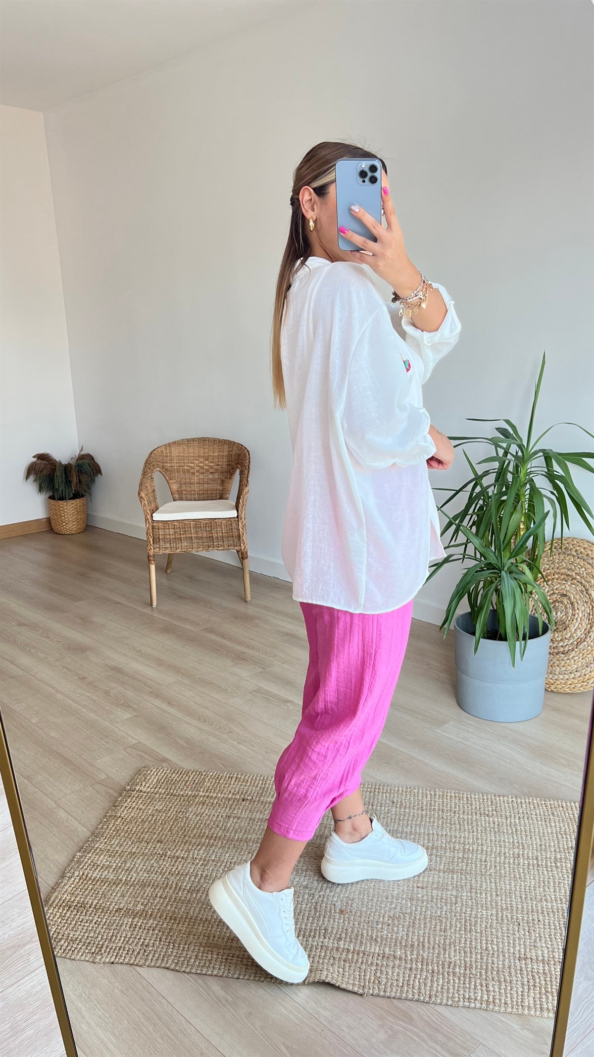 İşleme Taş Detaylı Oversize Keten Gömlek