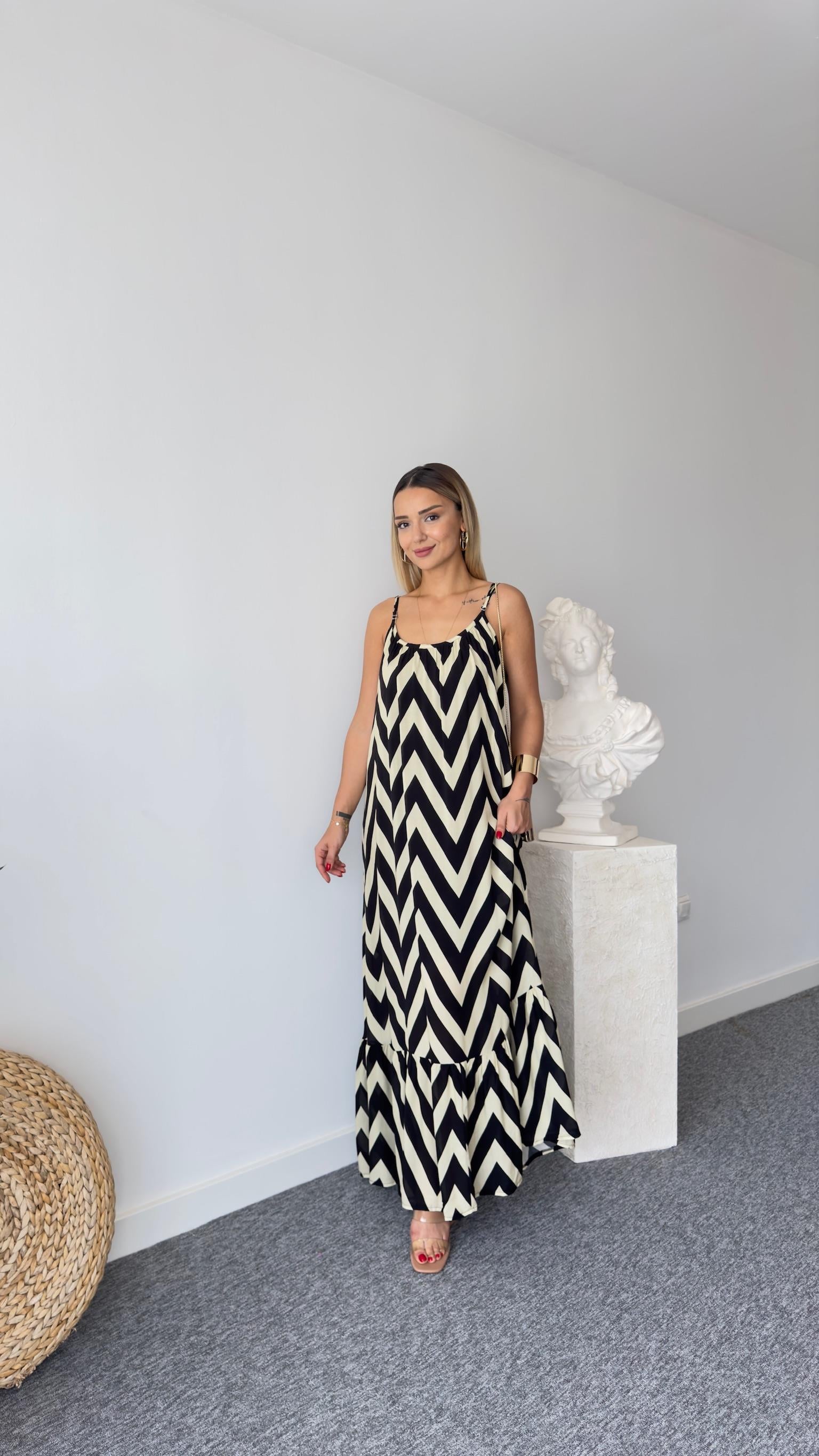 Lavin Siyah Bej Çizgili Maxi Elbise 