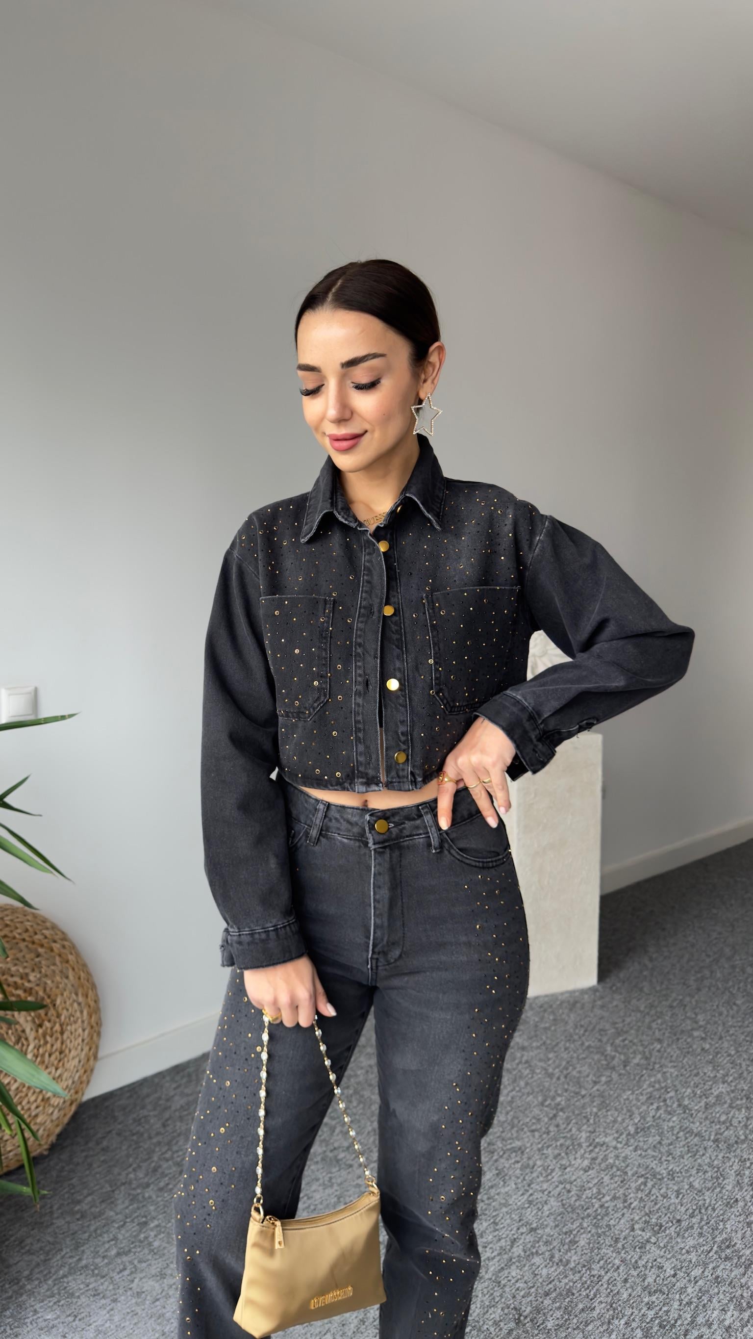 Zra Model Taşlı Antrasit Jean Takım