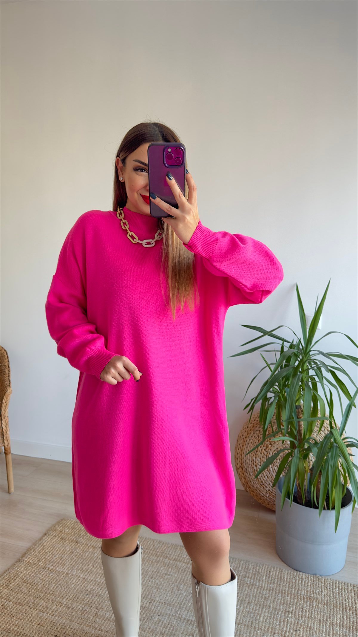 Pembe Dik Yaka Triko Elbise 