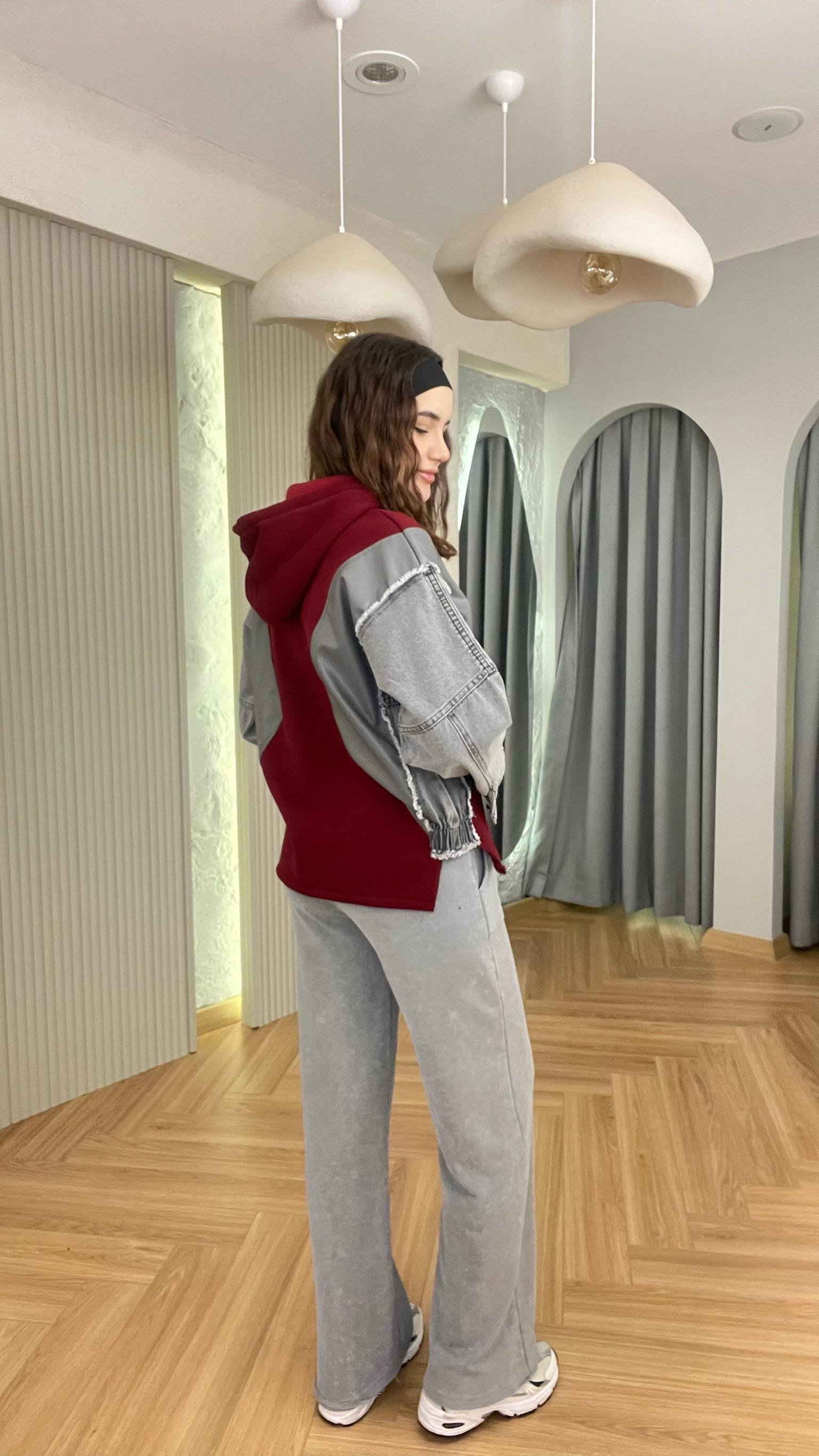 Bordo Kot Ve Deri Garnili Kapüşonlu Sweatshirt