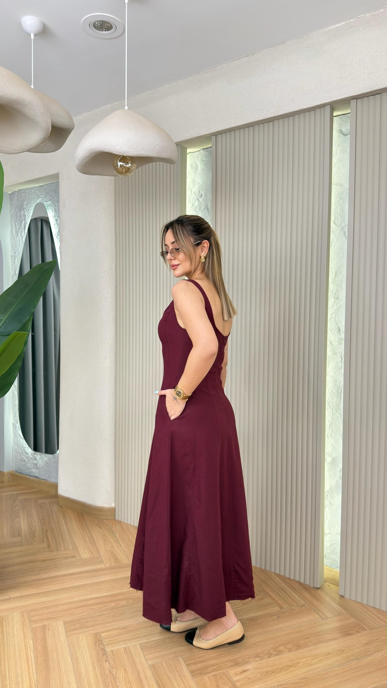 Bordo Stenka Maxi Keten Elbise 