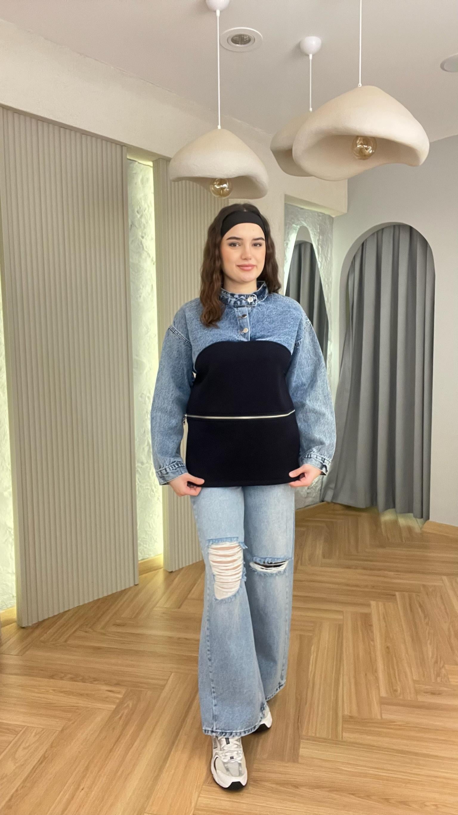 Mavi Kot Garnili Fermuarlı Sweat