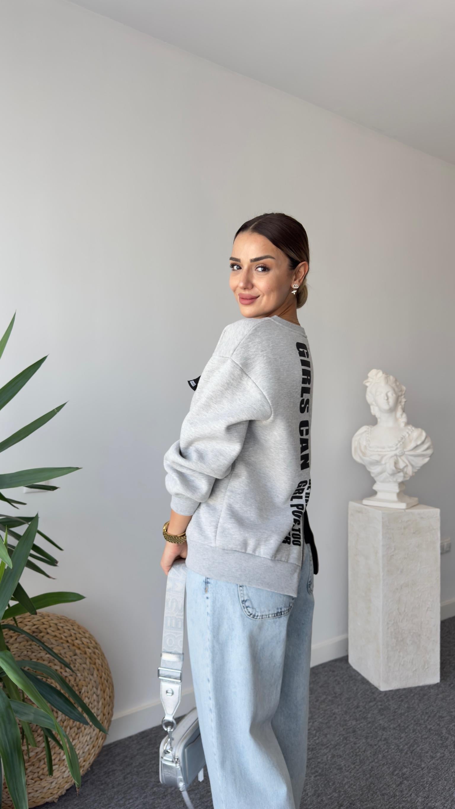 Berlin Fermuar Ve Yazı Detaylı Gri Sweatshirt