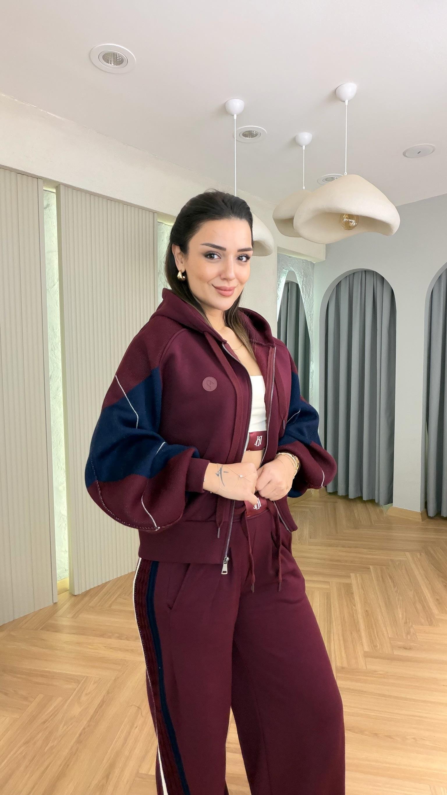 Bordo Balon Kol Triko Garnili Üçlü Takım