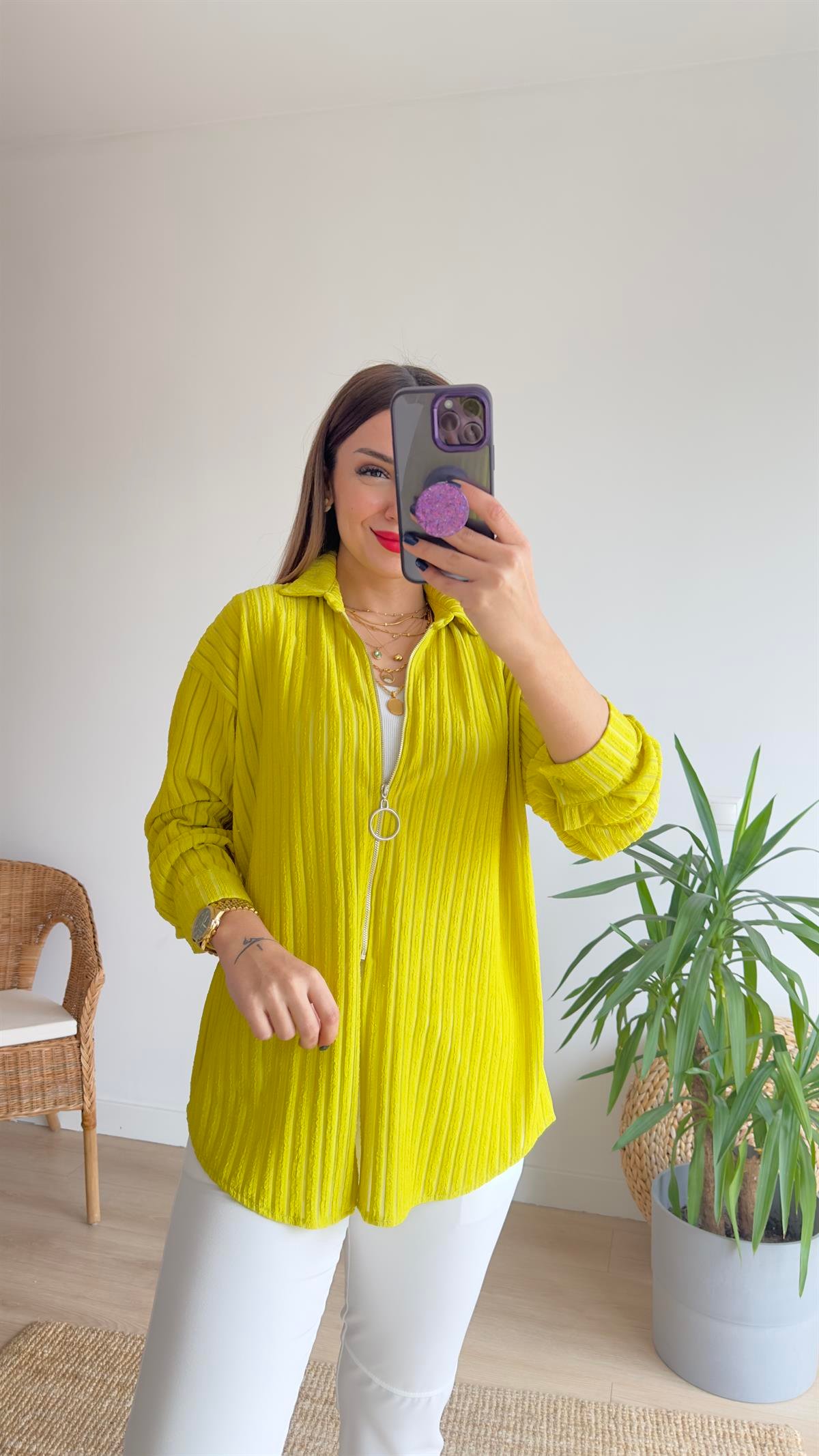 Fermuarlı Şerit Detay Yeşil Ceket