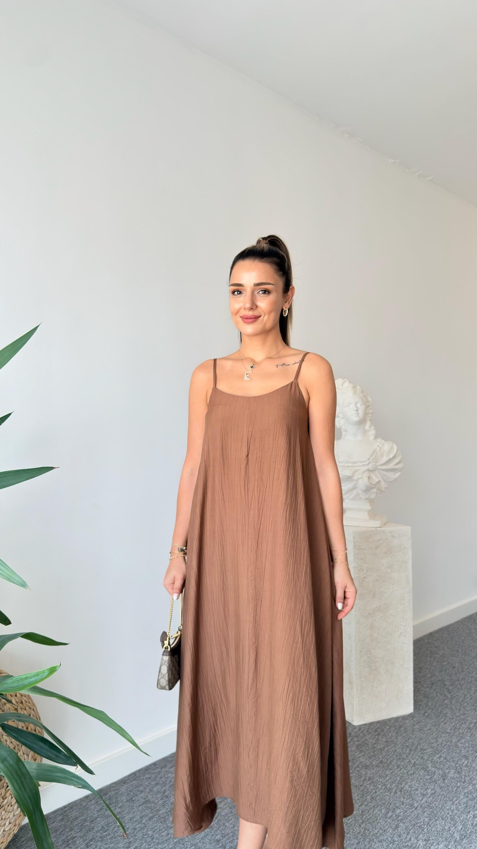 Kahve Ruma Askılı Elbise 