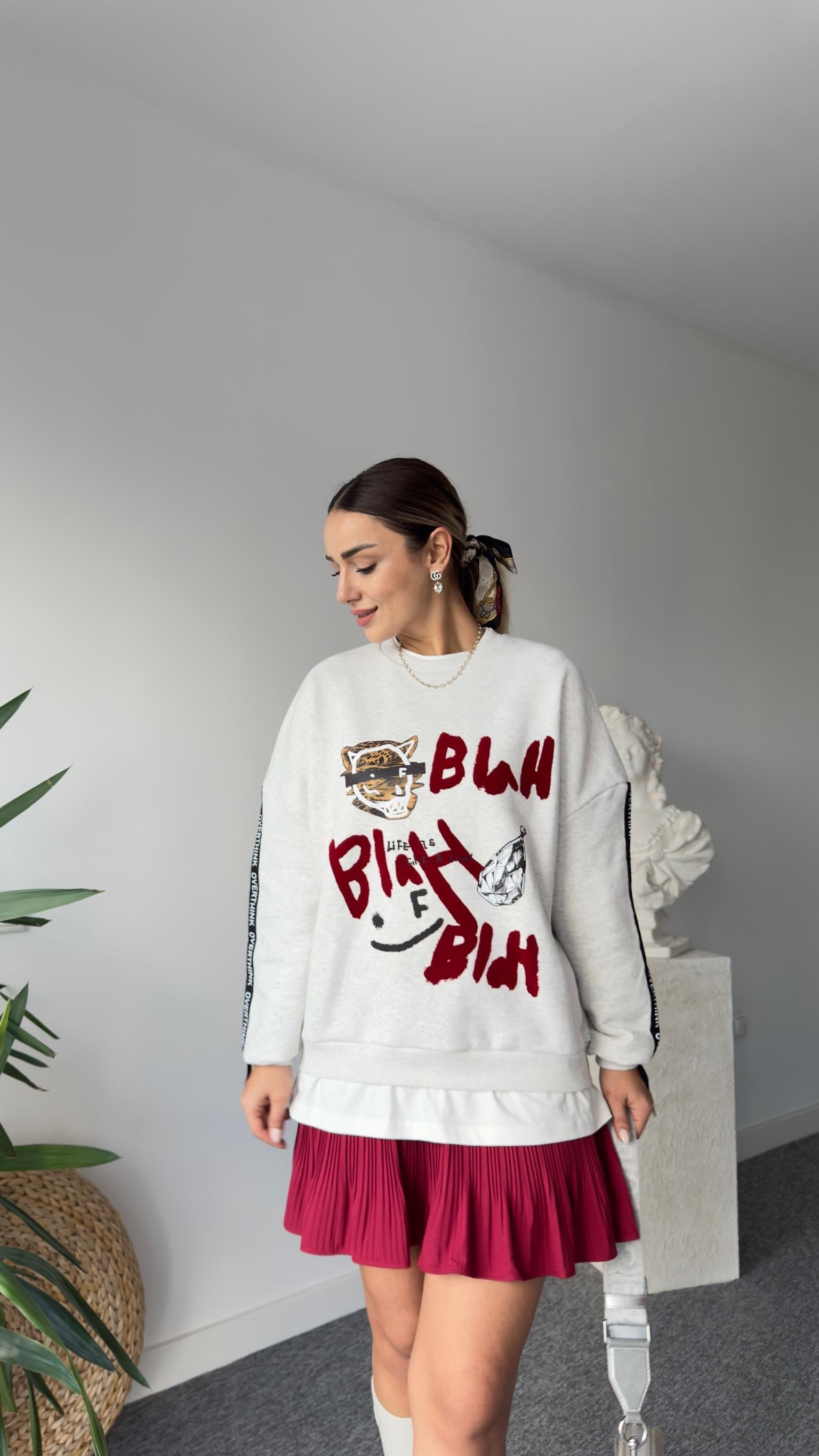 Nouve Kollar Şerit Yazılı Tasarım Sweatshirt