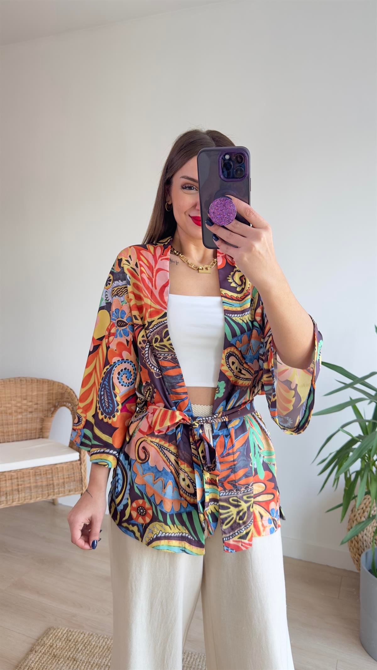 Çok Renkli Saten Kimono Ceket