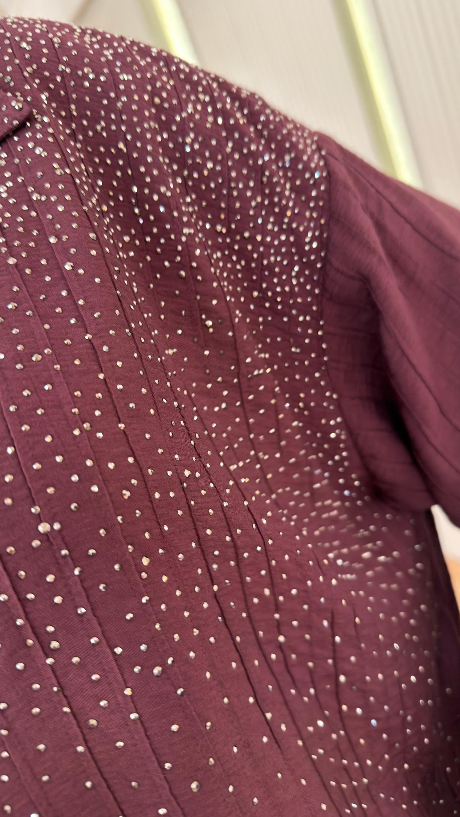 Bordo Minka Parıltılı Taş Detaylı Gömlek