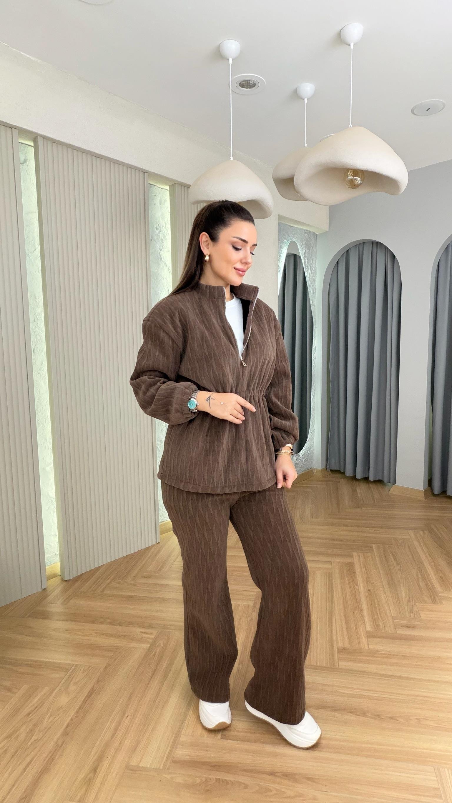 Kahve Nisi İçi Polarlı Sweat Takım