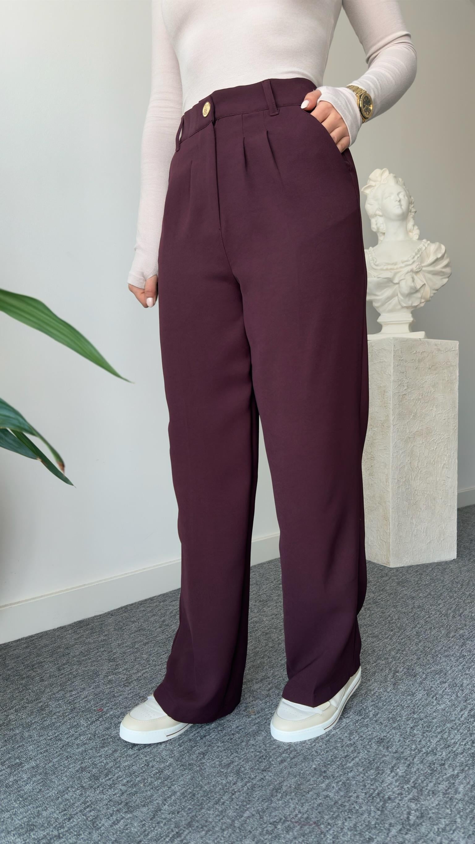 Bordo Gold Düğme Bel Lastikli Pantolon
