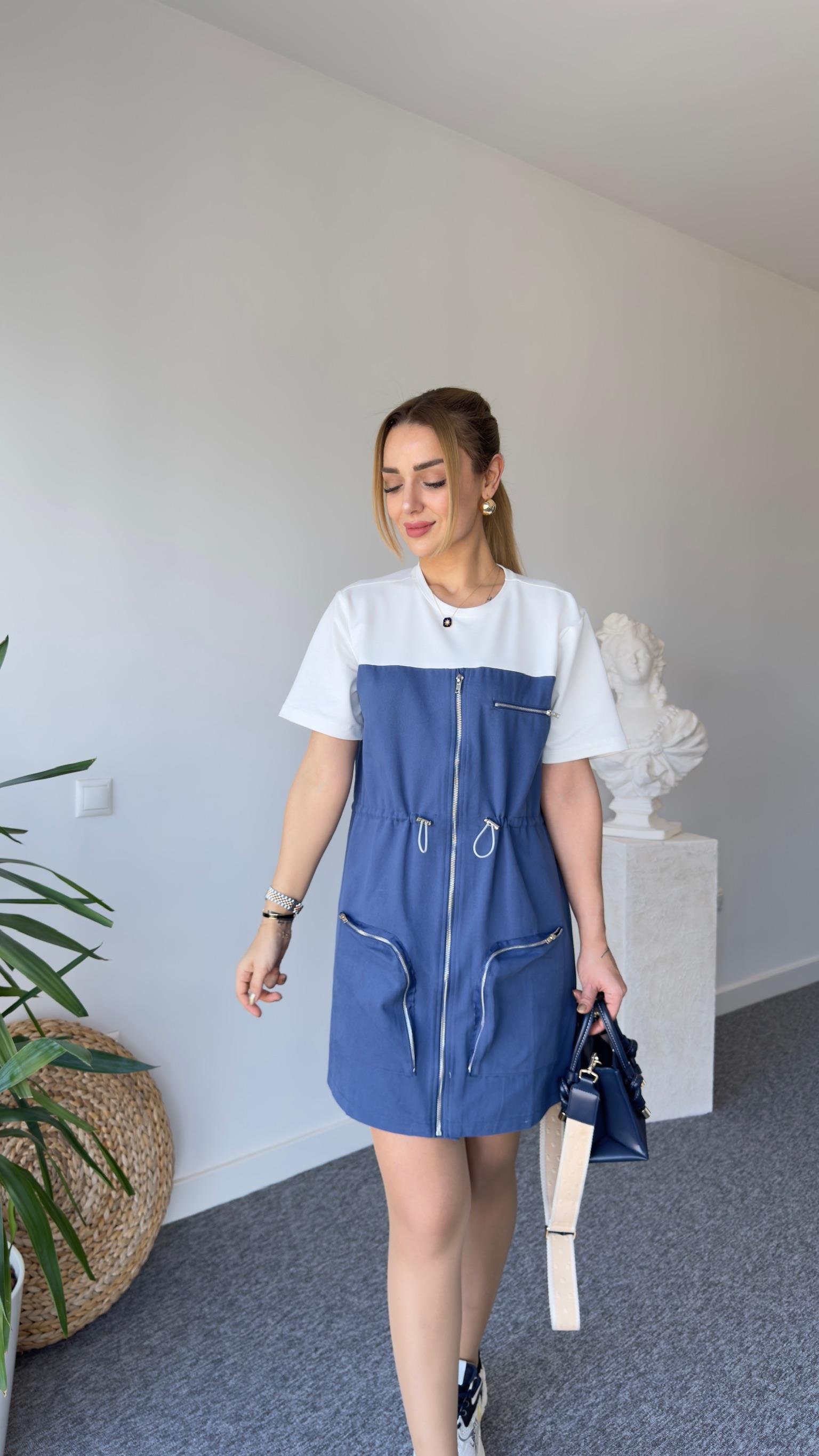 Derno Tshirt Detaylı Mavi Gabardin Elbise 