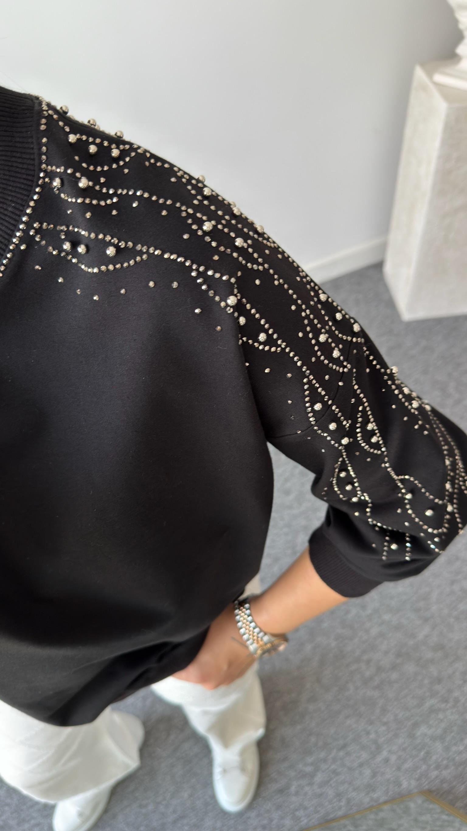 Siyah Gausi Kollar Taşlı Sweatshirt