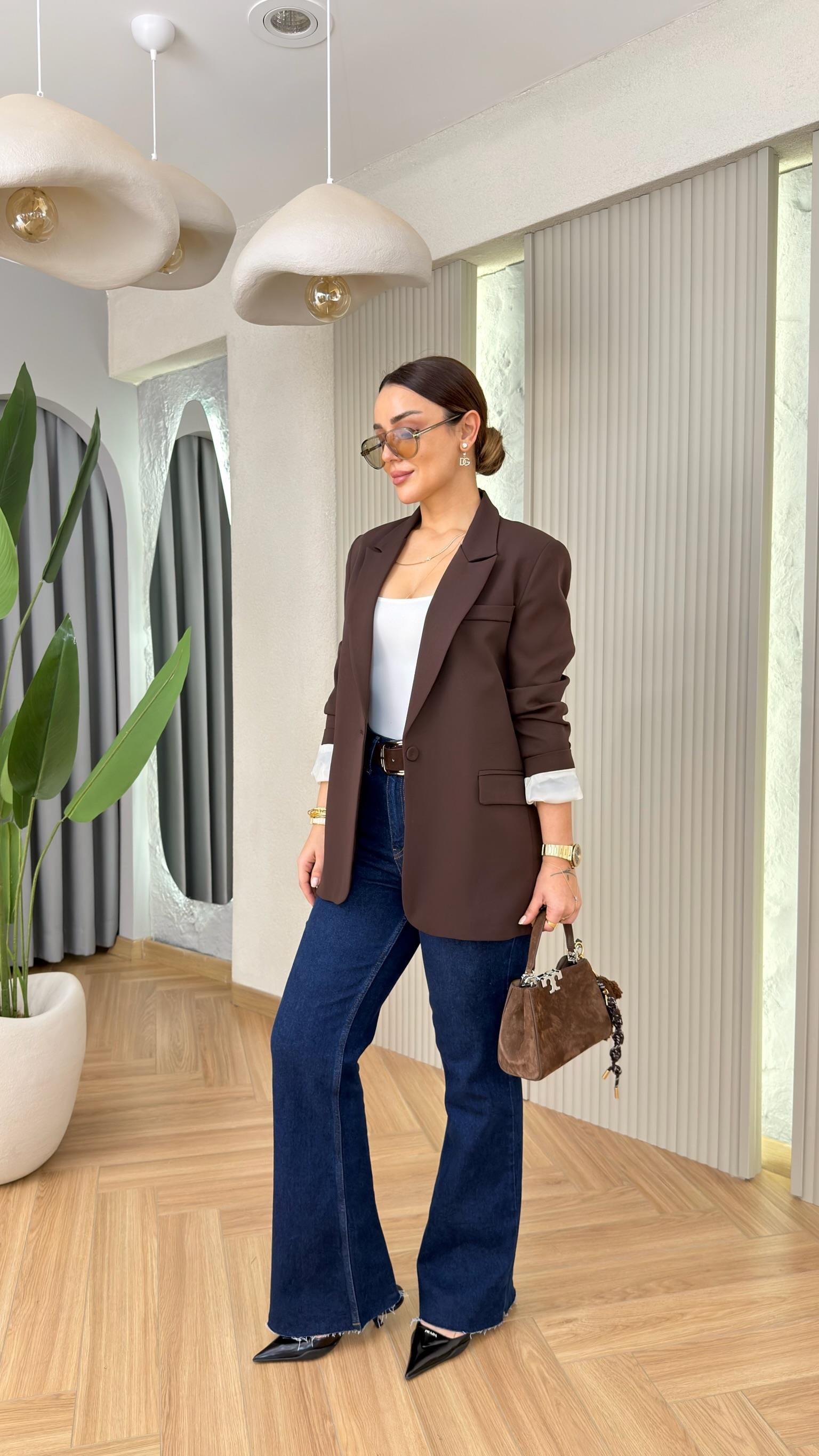 Kahve Vessi Tek Düğme Blazer Ceket