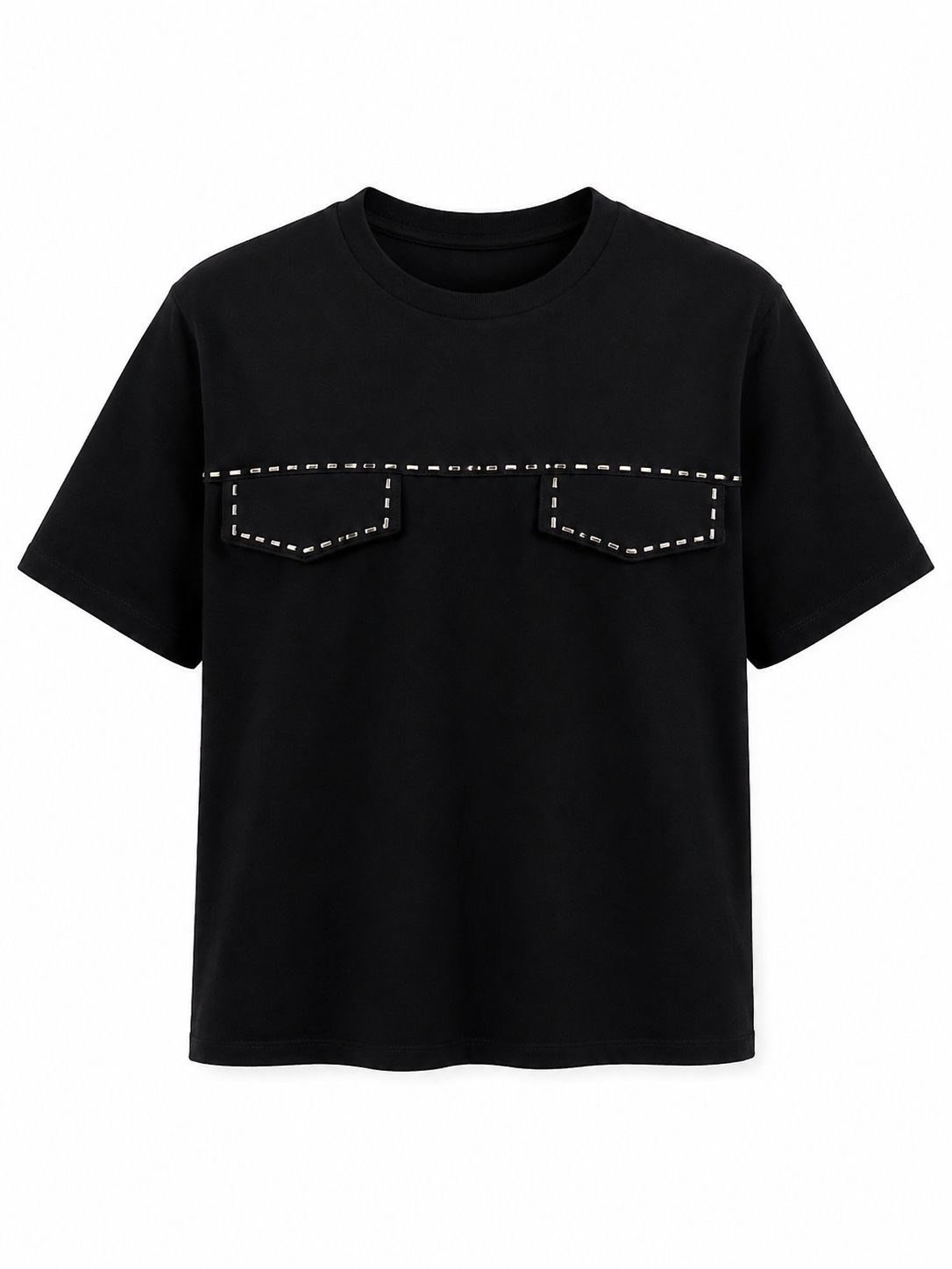 Siyah Cep Kapakları Taş İşlemeli Tshirt