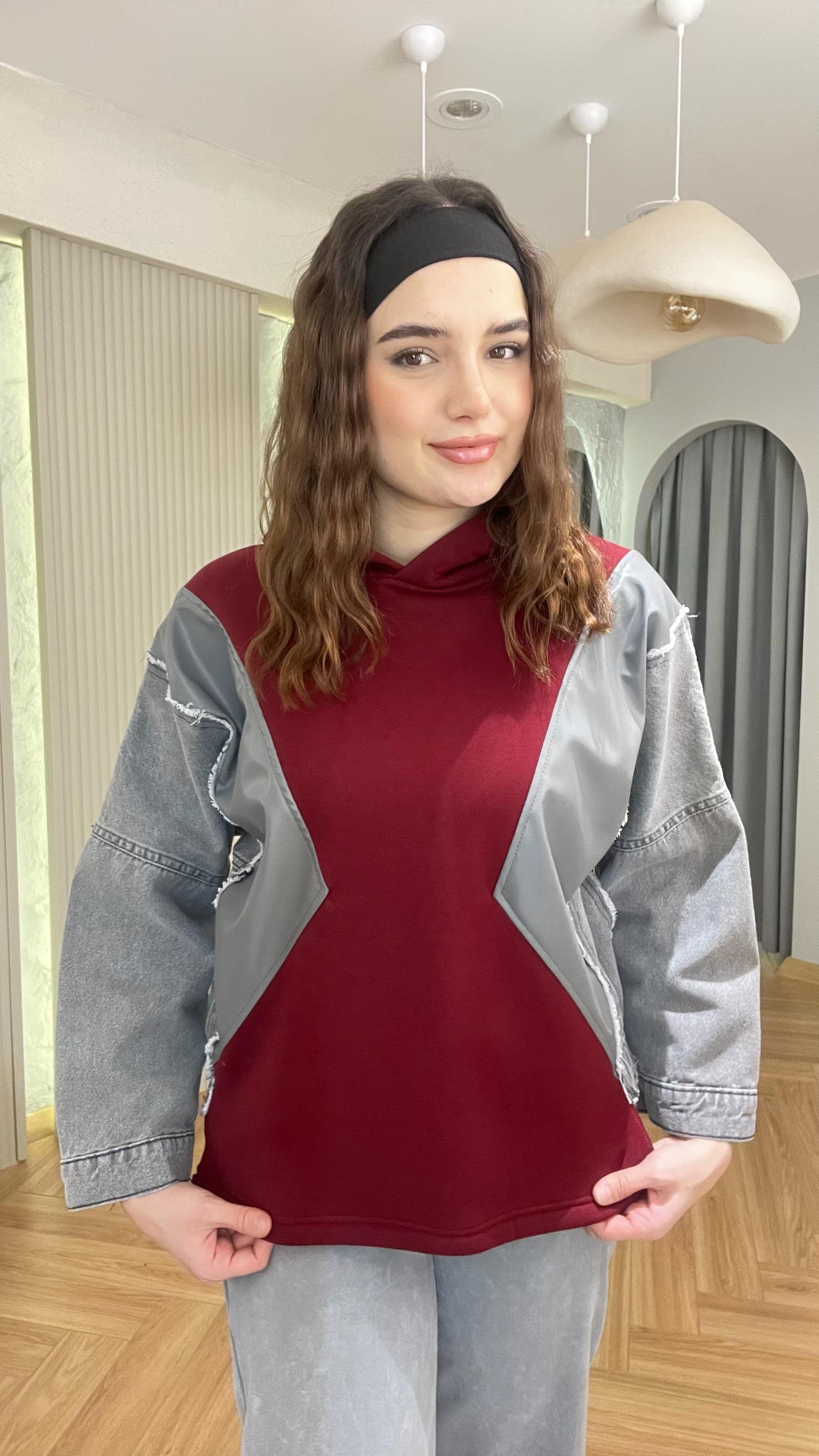Bordo Kot Ve Deri Garnili Kapüşonlu Sweatshirt