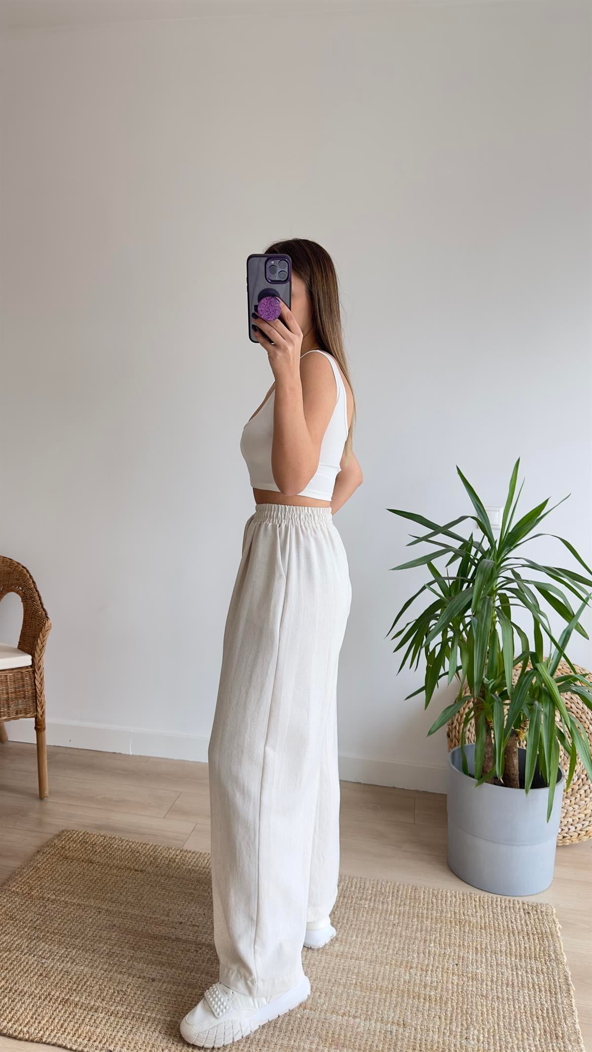 Keten Beli Lastikli Bej Pantolon