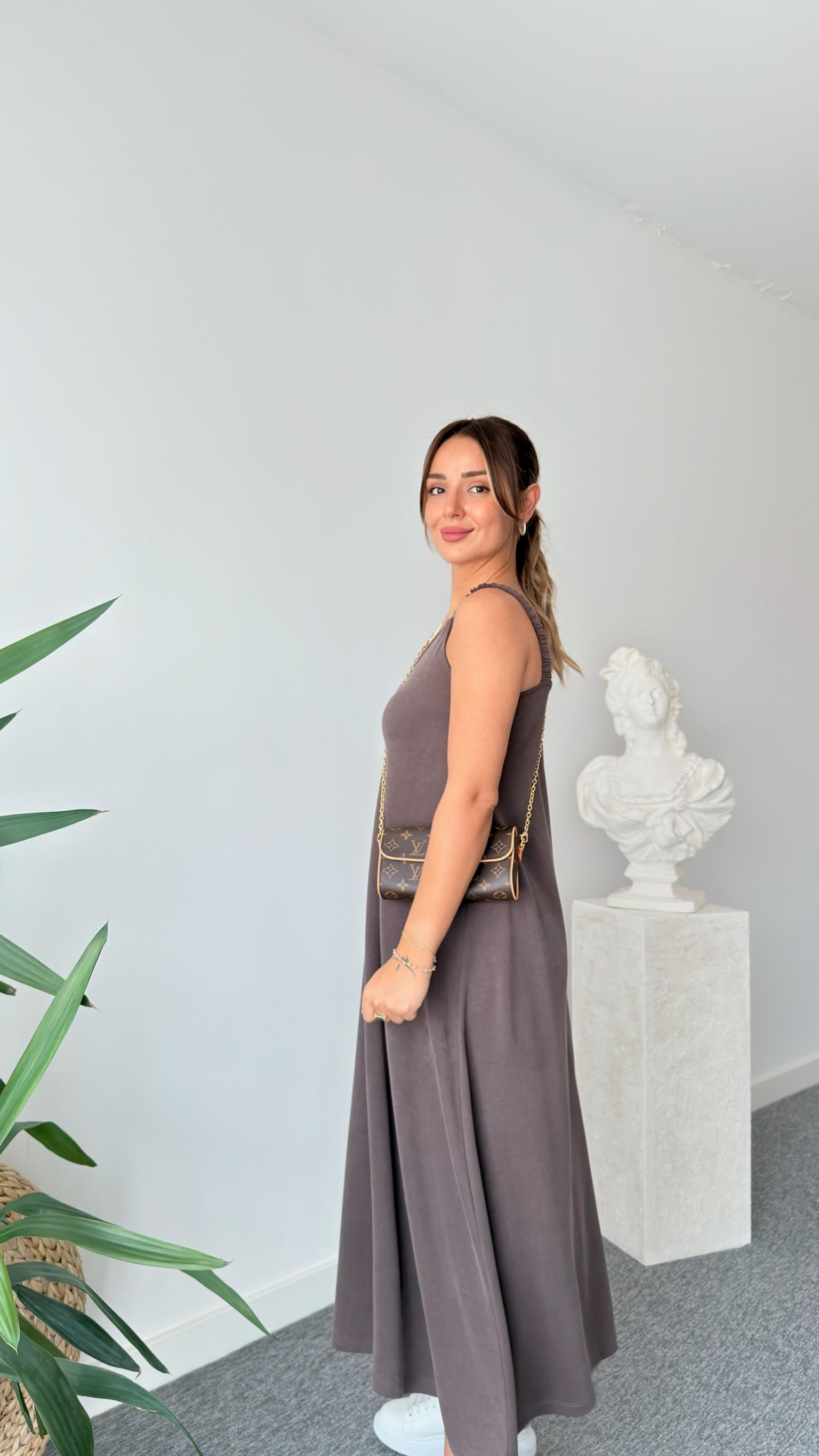 Kahve Askıları Lastikli Modal Elbise 
