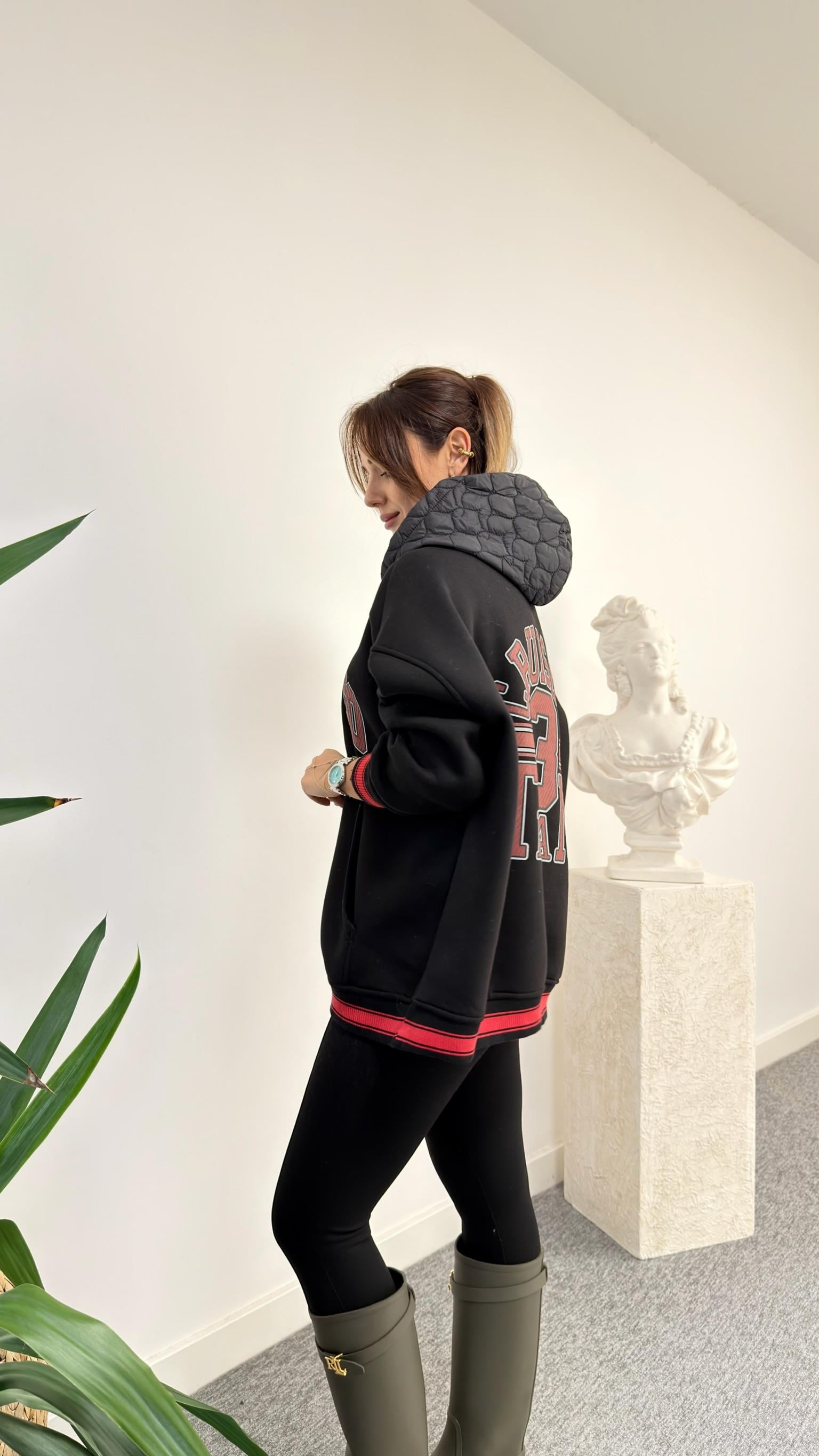 Eddy Yazılı Kapitone Kapüşonlu Siyah Sweatshirt